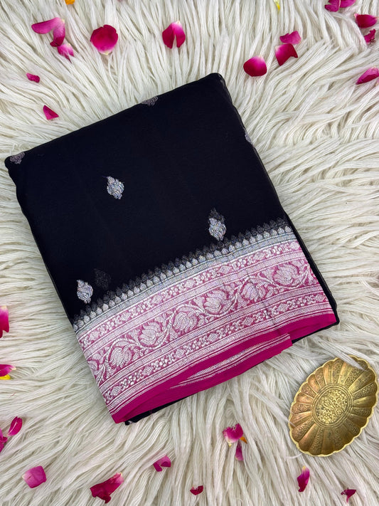 Pure Khaddi Chiffon Handloom Saree Black Body With Rani Pink (Chhalak)