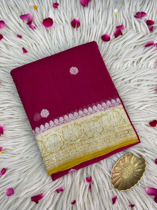 Pure Khaddi Chiffon Handloom Saree Magenta Body With Yellow (Chhalak)