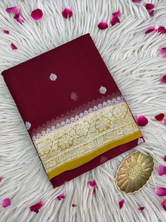 Pure Khaddi Chiffon Handloom Saree Mehroon Body With Mustard Yellow (Chhalak)