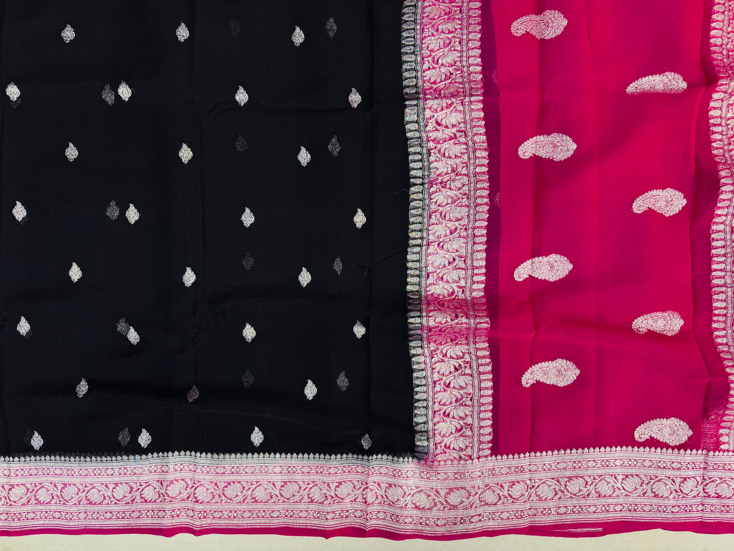 Pure Khaddi Chiffon Handloom Saree Black Body With Rani Pink (Chhalak)