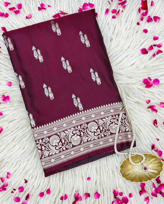 Pure Mashru Silk Alfi Buta Saree Wine Maroon (Mashravi)