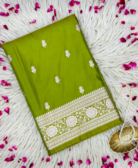 Pure Mashru Silk Buti Saree Parrot Green (Mashravi)