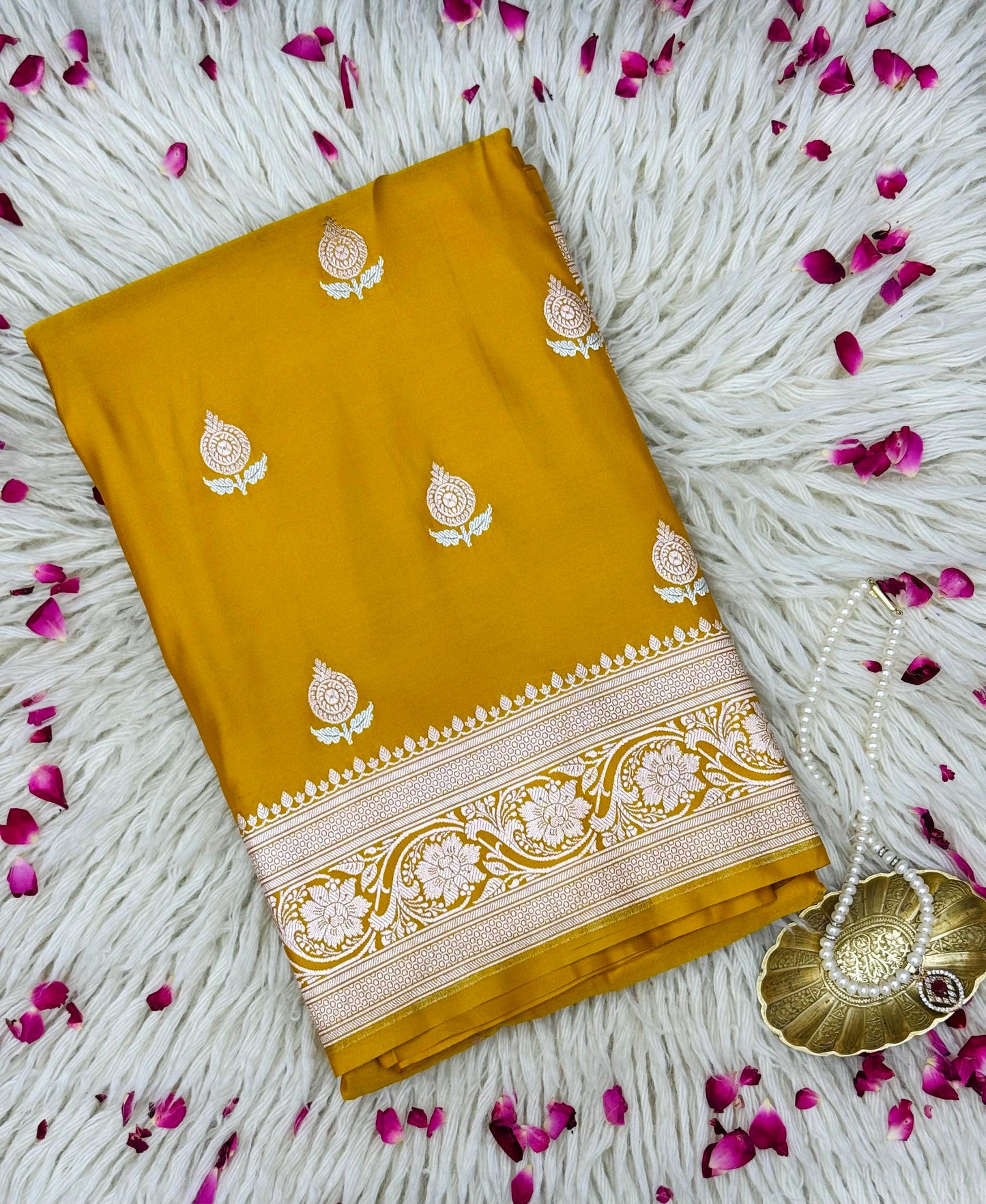 Pure Mashru Silk Alfi Buta Saree Yellow (Mashravi)
