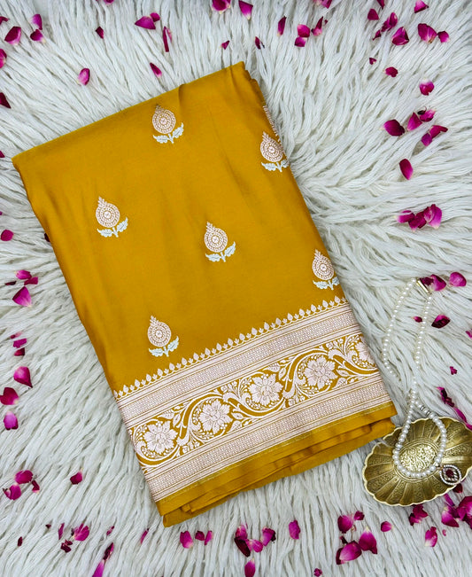 Pure Mashru Silk Alfi Buta Saree Yellow (Mashravi)