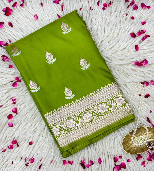 Pure Mashru Silk Alfi Buta Saree Parrot Green (Mashravi)