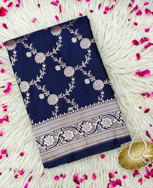 Pure Mashru Silk Jaal Saree Deep Blue (Mashravi)
