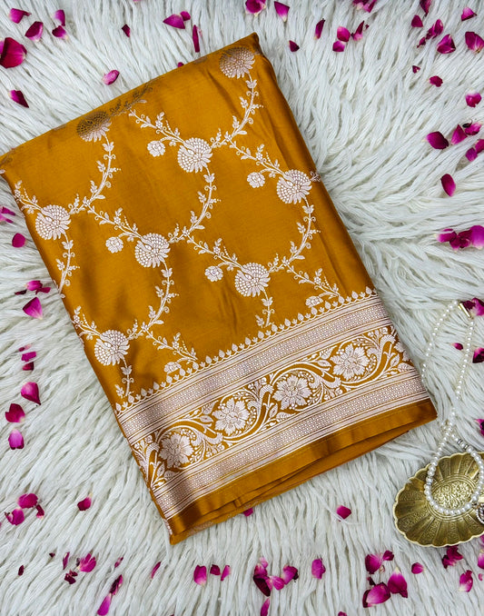 Pure Mashru Silk Jaal Saree Yellow (Mashravi)
