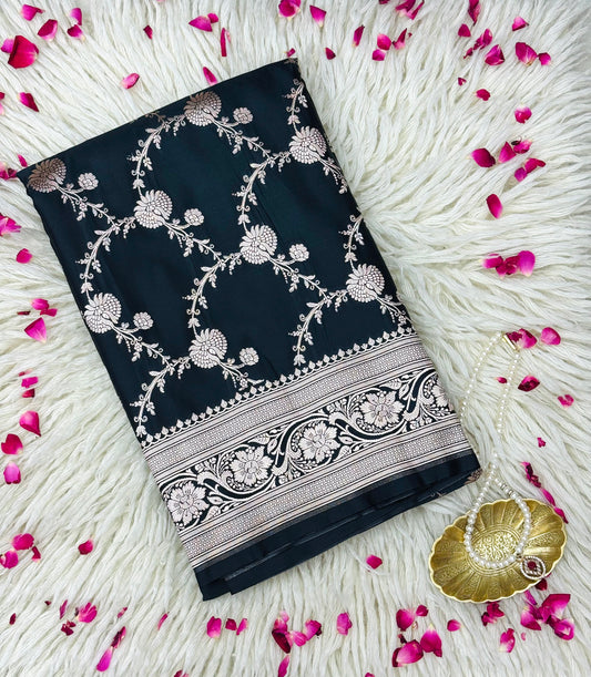 Pure Mashru Silk Jaal Saree Black (Mashravi)