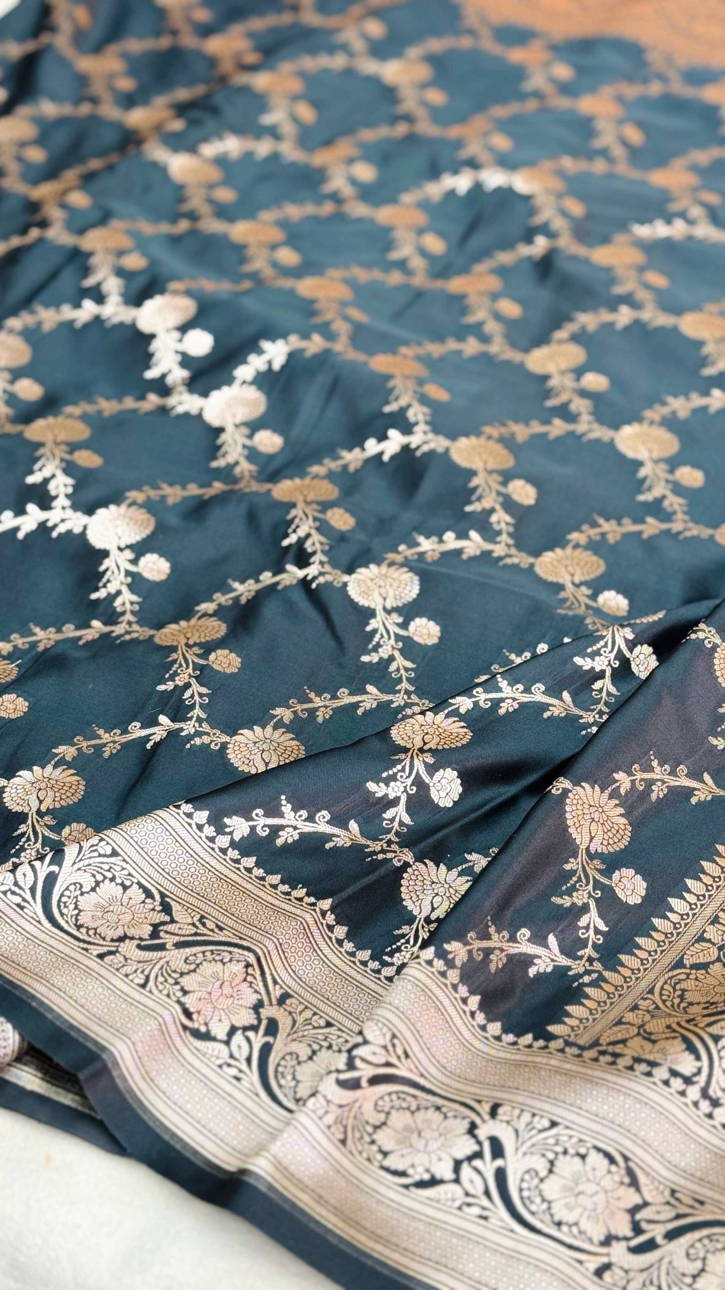 Pure Mashru Silk Jaal Saree Black (Mashravi)