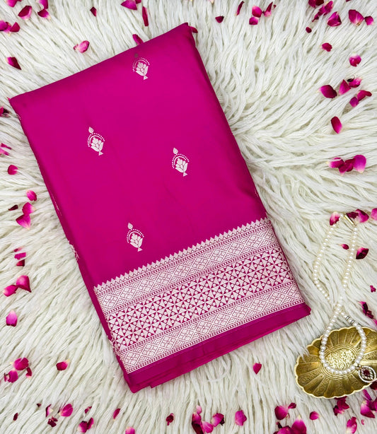 Pure Mashru Silk Buti Saree Rani Pink (Mashravi)