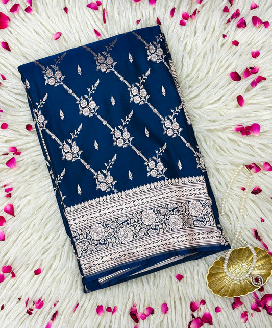 Pure Mashru Silk Jaal Saree Deep Blue (Mashravi)