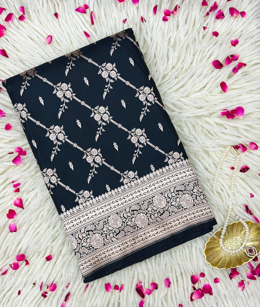 Pure Mashru Silk Jaal Saree Black (Mashravi)