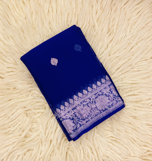 Pure Khaddi Chiffon Handloom Saree Royal Blue (Chhalak)