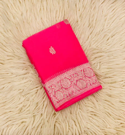 Pure Khaddi Chiffon Handloom Saree Bright Pink (Chhalak)