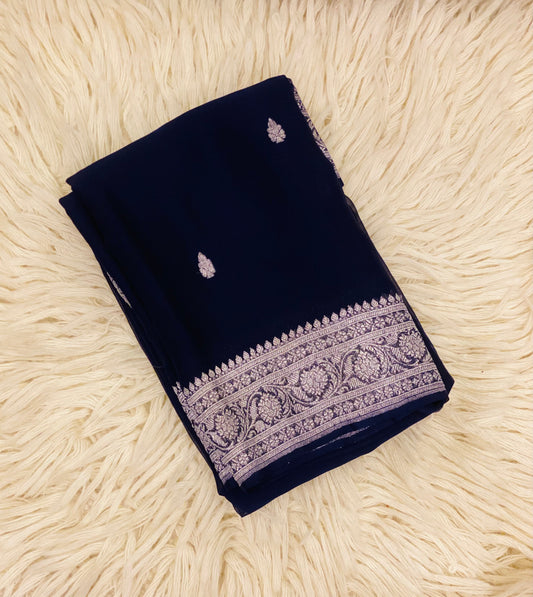 Pure Khaddi Chiffon Handloom Saree Deep Navy Blue (Chhalak)