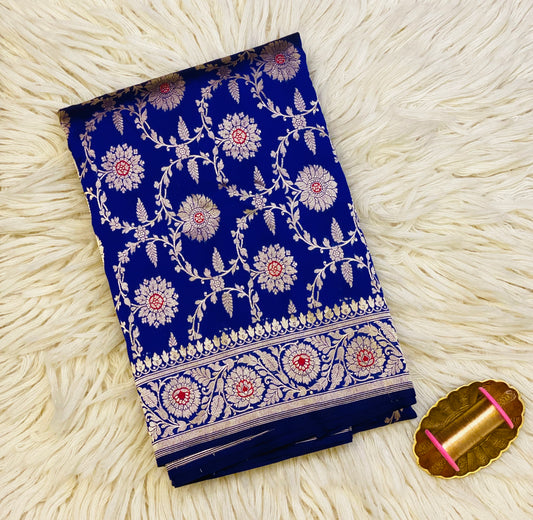 Pure Katan Meena Jaal Saree Royal Blue (Noor-e-Nazaaka)