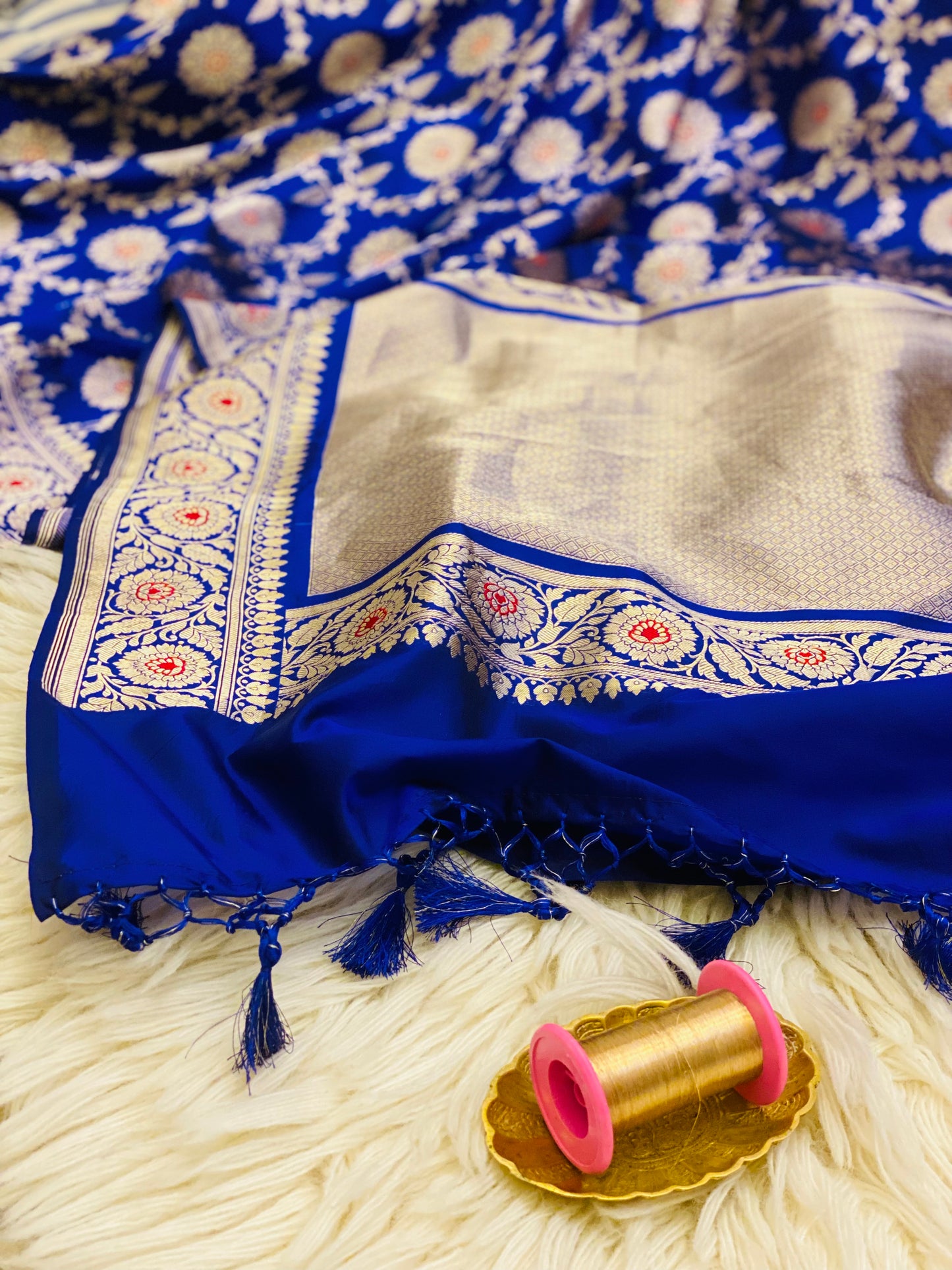 Pure Katan Meena Jaal Saree Royal Blue (Noor-e-Nazaaka)