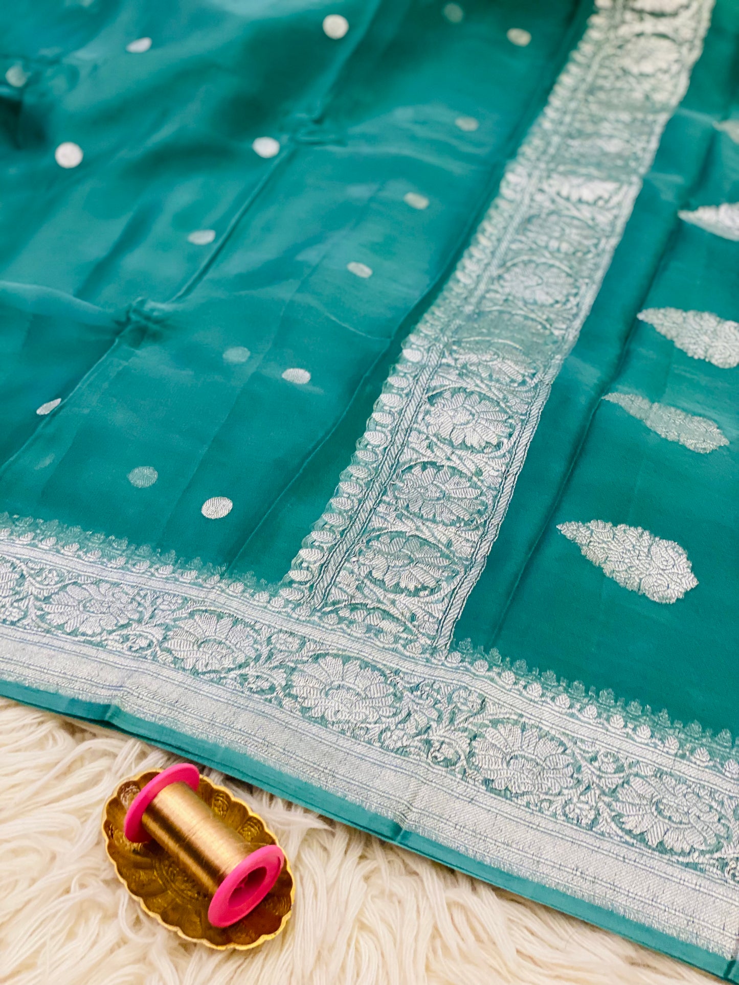 Pure Khaddi Chiffon Handloom Saree Teal Blue (Chhalak)