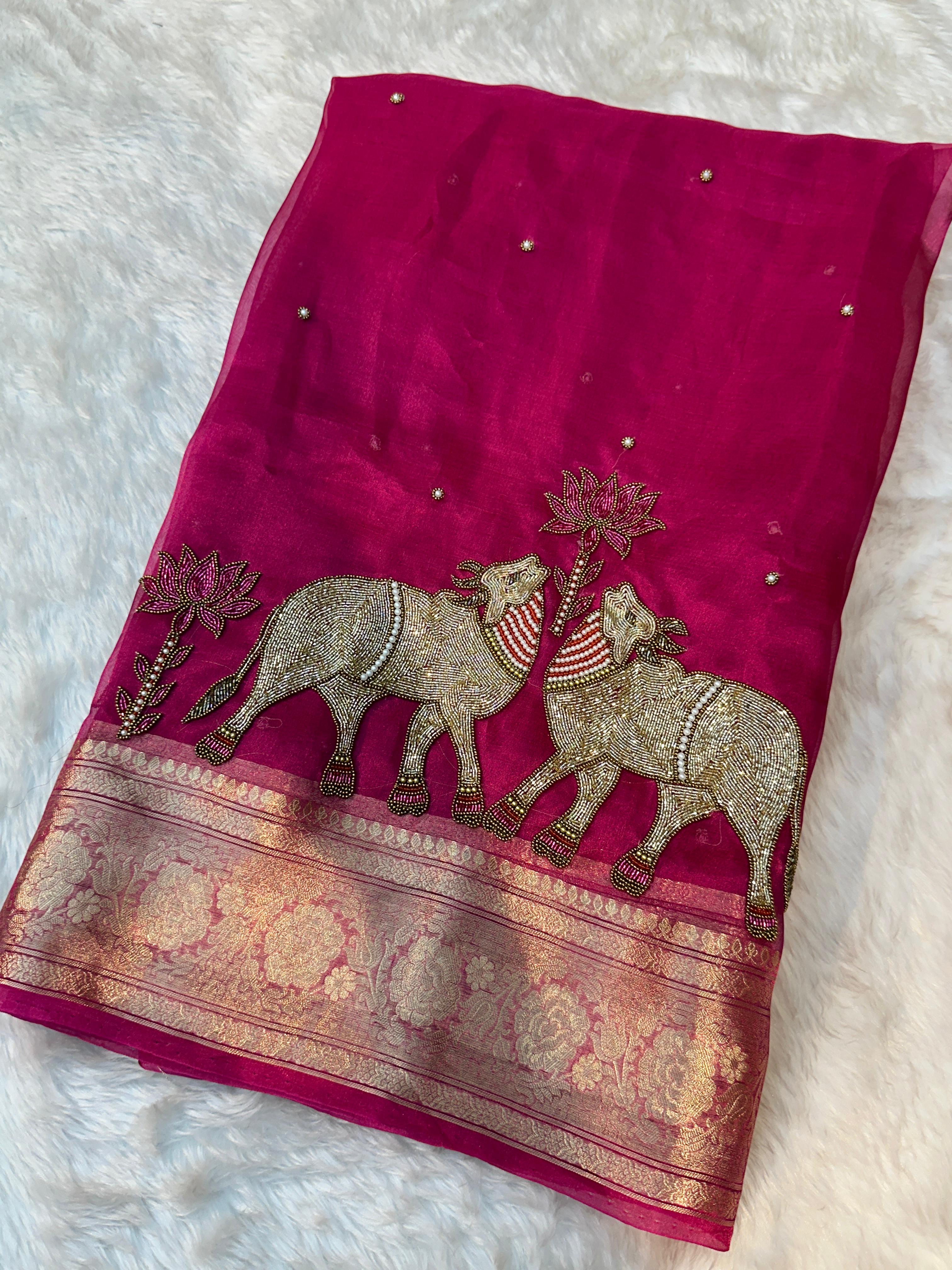 Pure Tissue Silk Banarasi Saree with Handcrafted Cow Motif Handwork