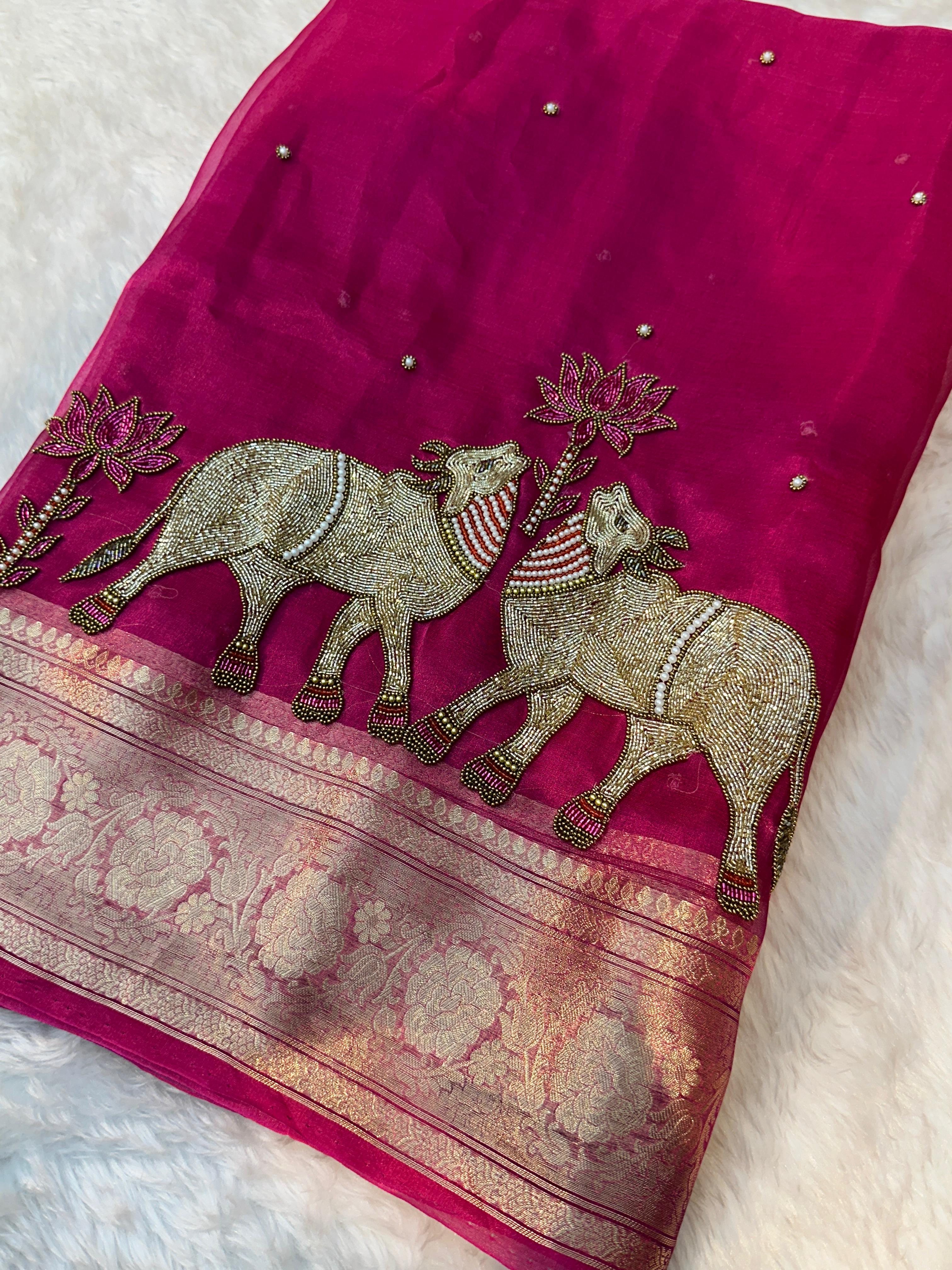 Pure Tissue Silk Banarasi Saree with Handcrafted Cow Motif Handwork