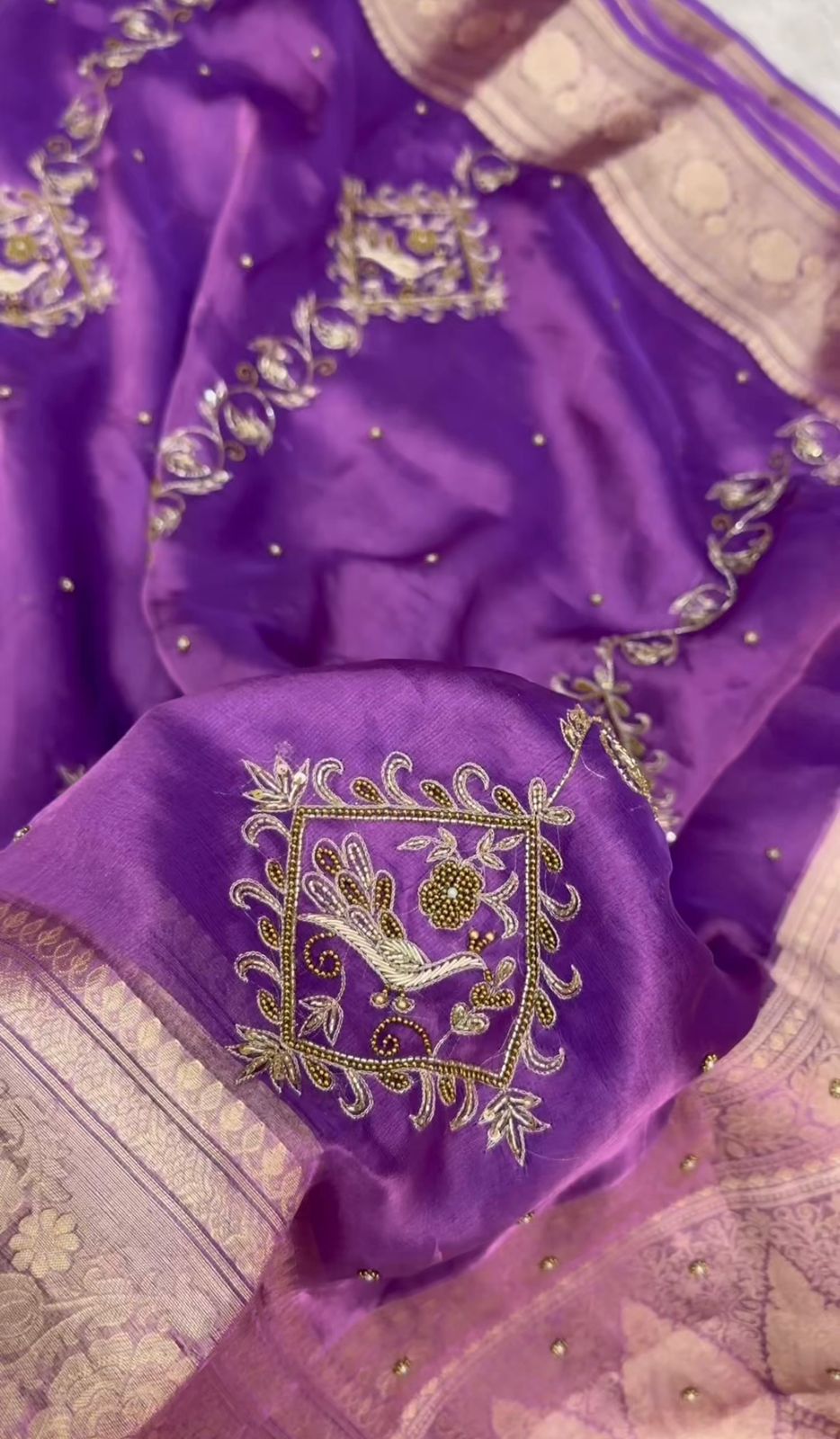 Pure Tissue Silk Banarasi Saree with Handcrafted Bird Motif Boota Handwork