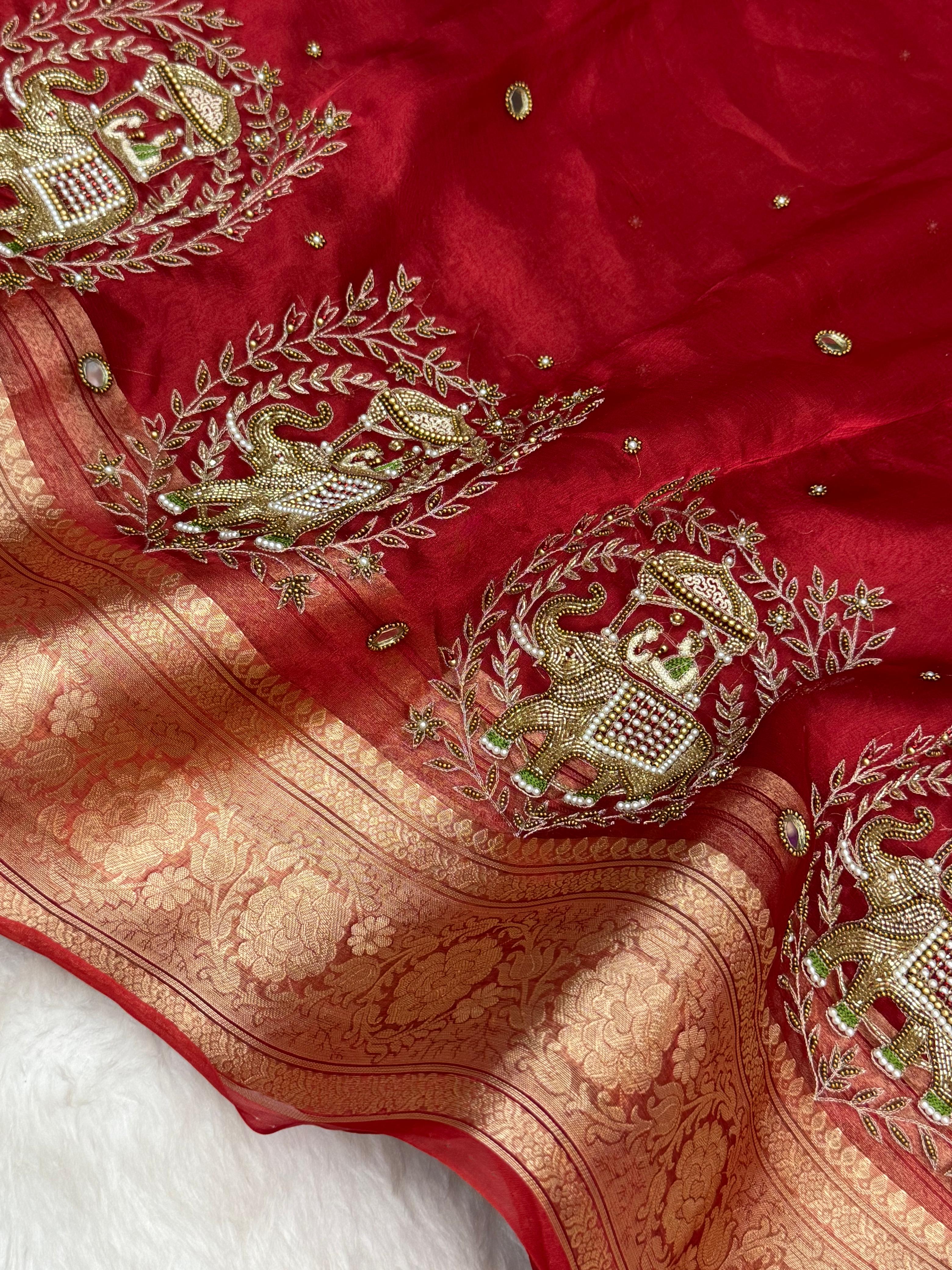 Pure Tissue Silk Banarasi Saree with Royal Elephant Ambari Handwork
