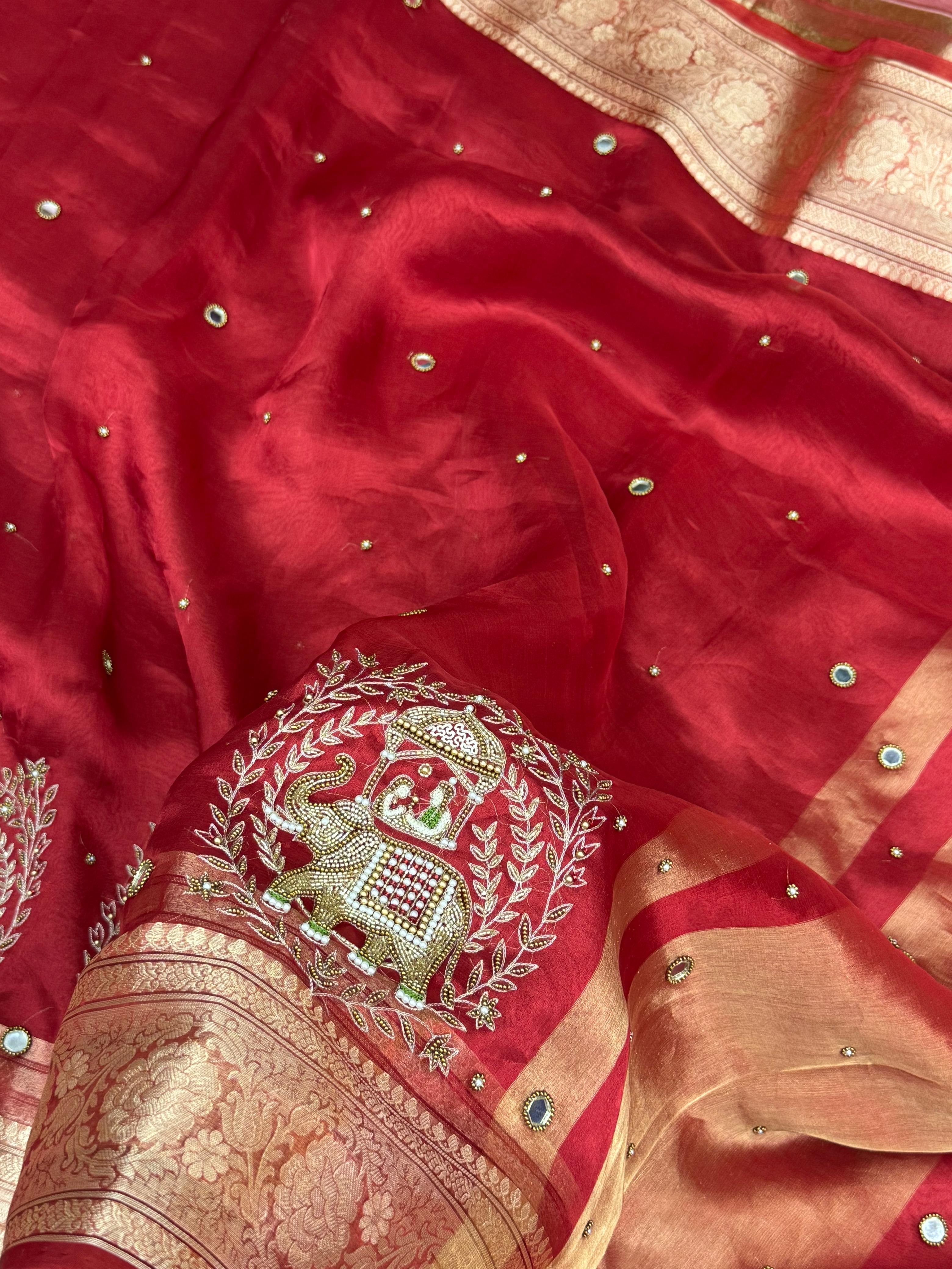Pure Tissue Silk Banarasi Saree with Royal Elephant Ambari Handwork