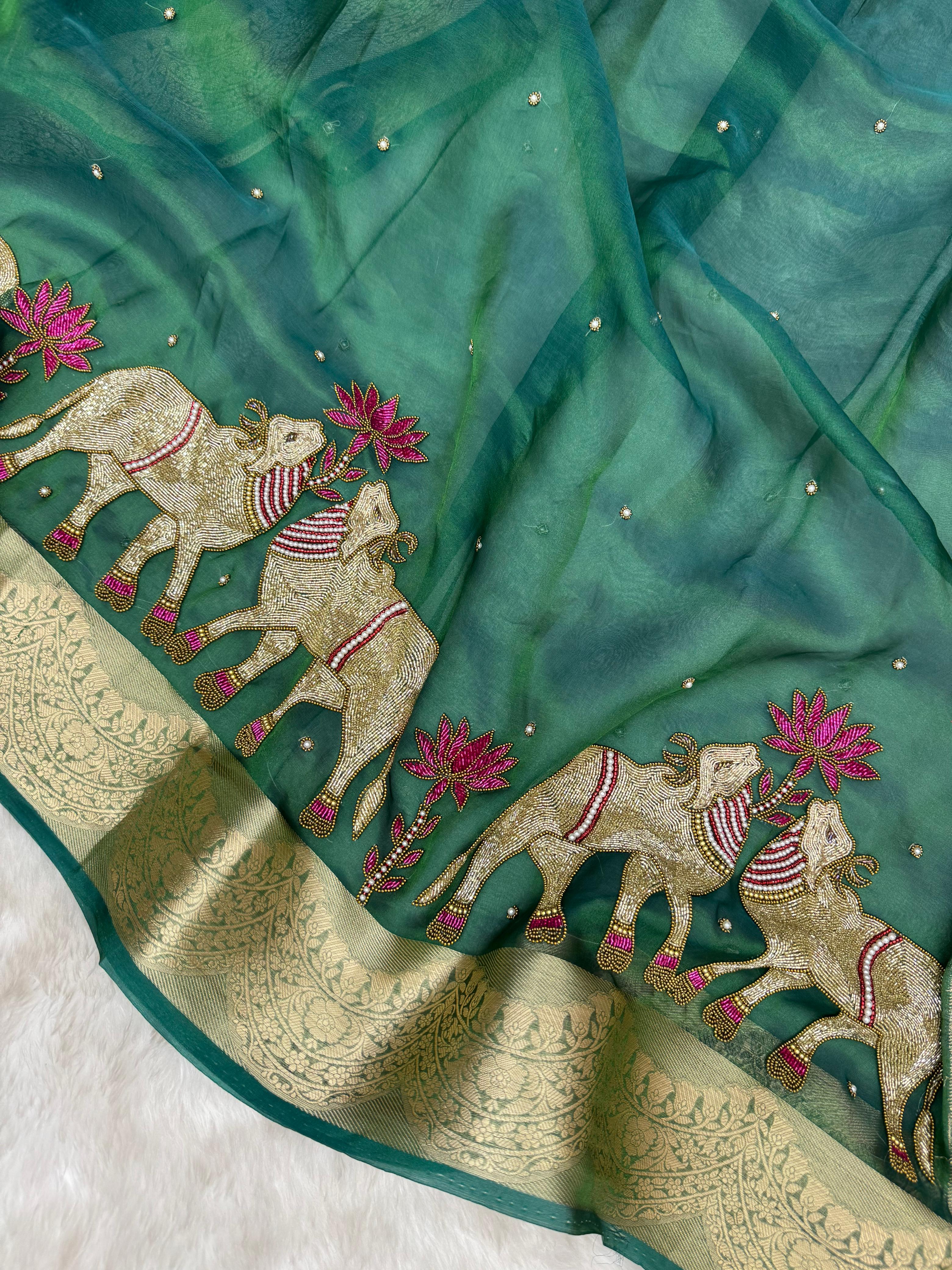 Pure Tissue Silk Banarasi Saree with Handcrafted Cow Motif Handwork