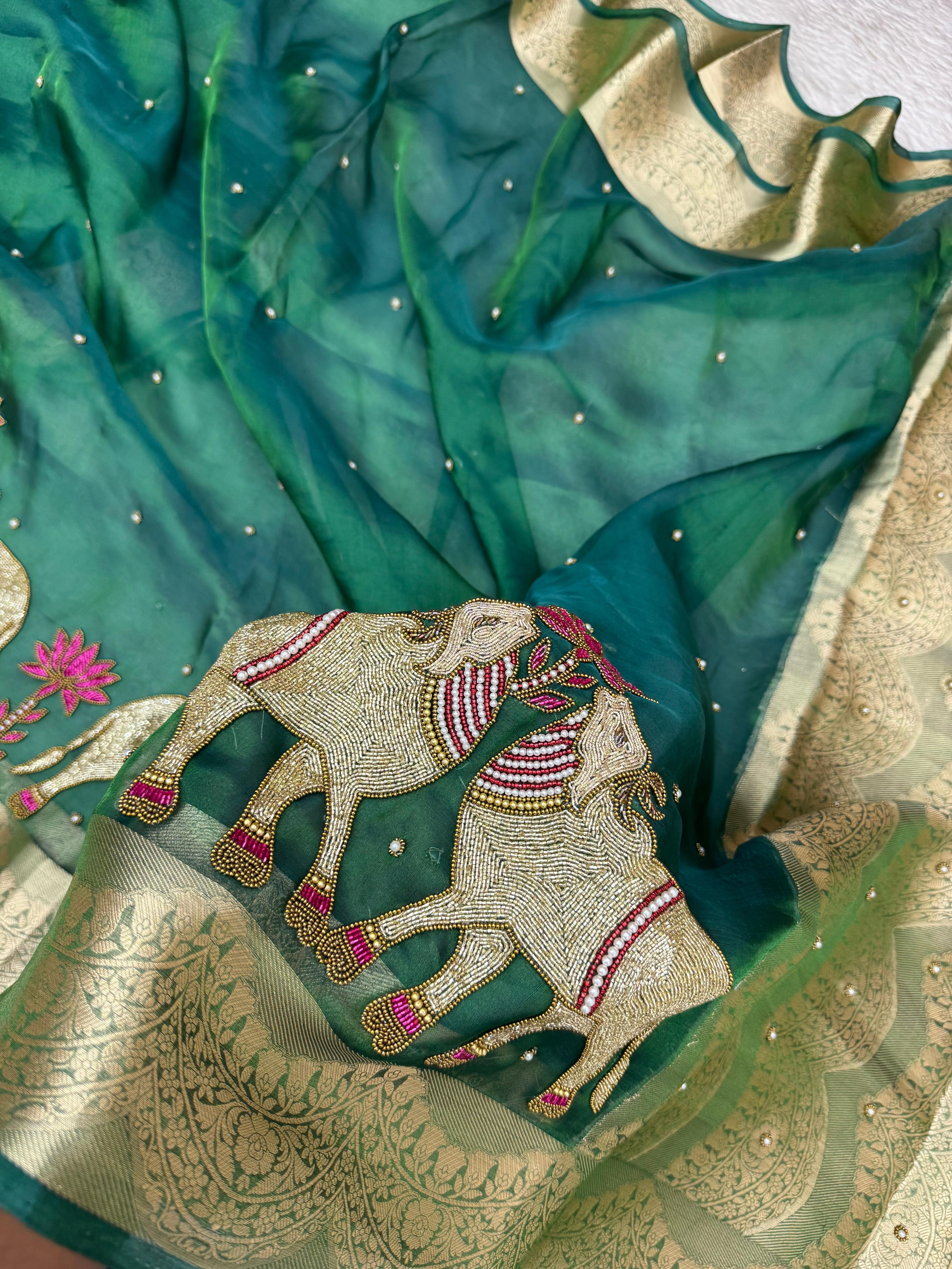 Pure Tissue Silk Banarasi Saree with Handcrafted Cow Motif Handwork