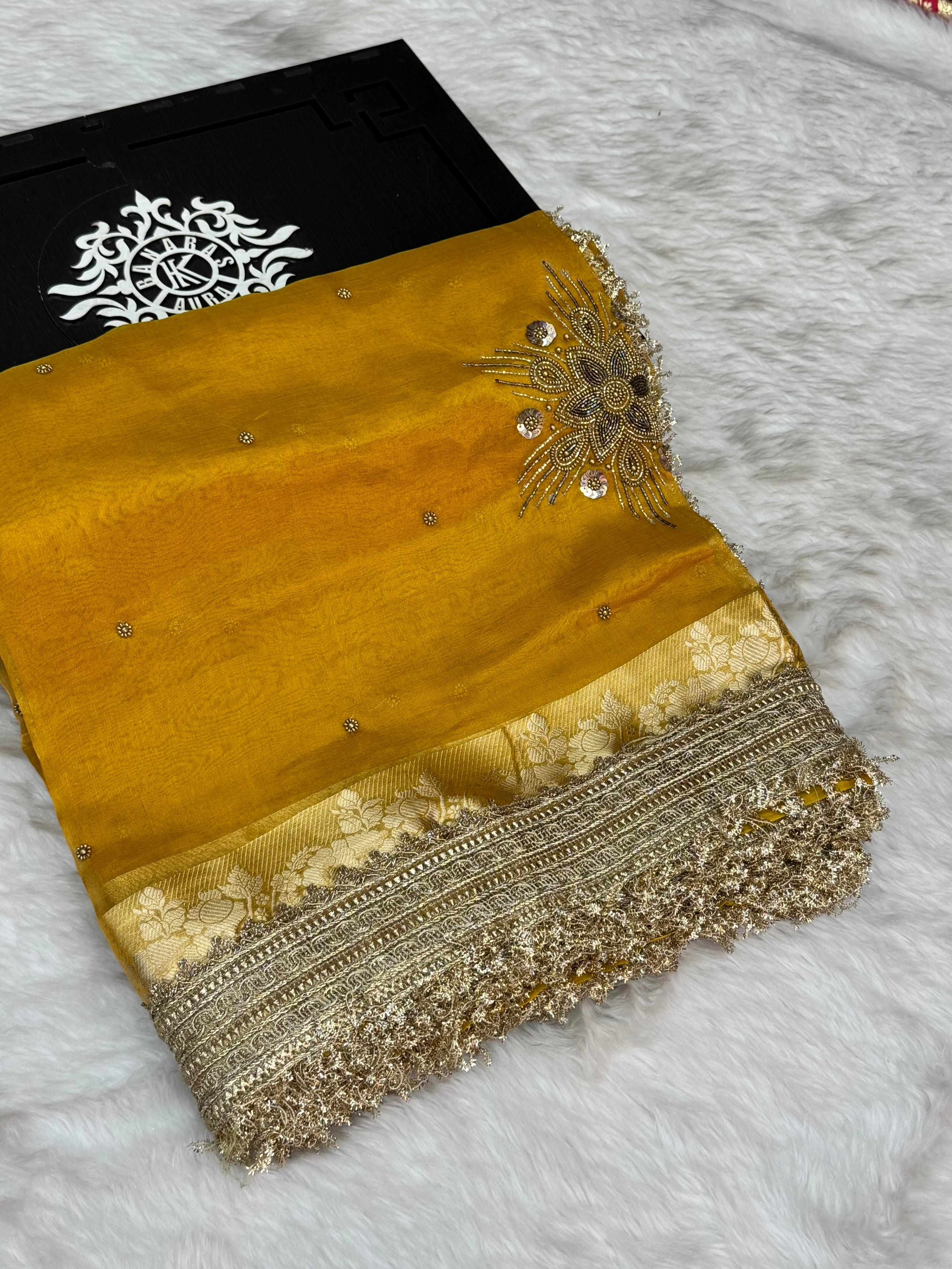 Pure Tissue Silk Banarasi Saree with Floral Handwork Boota