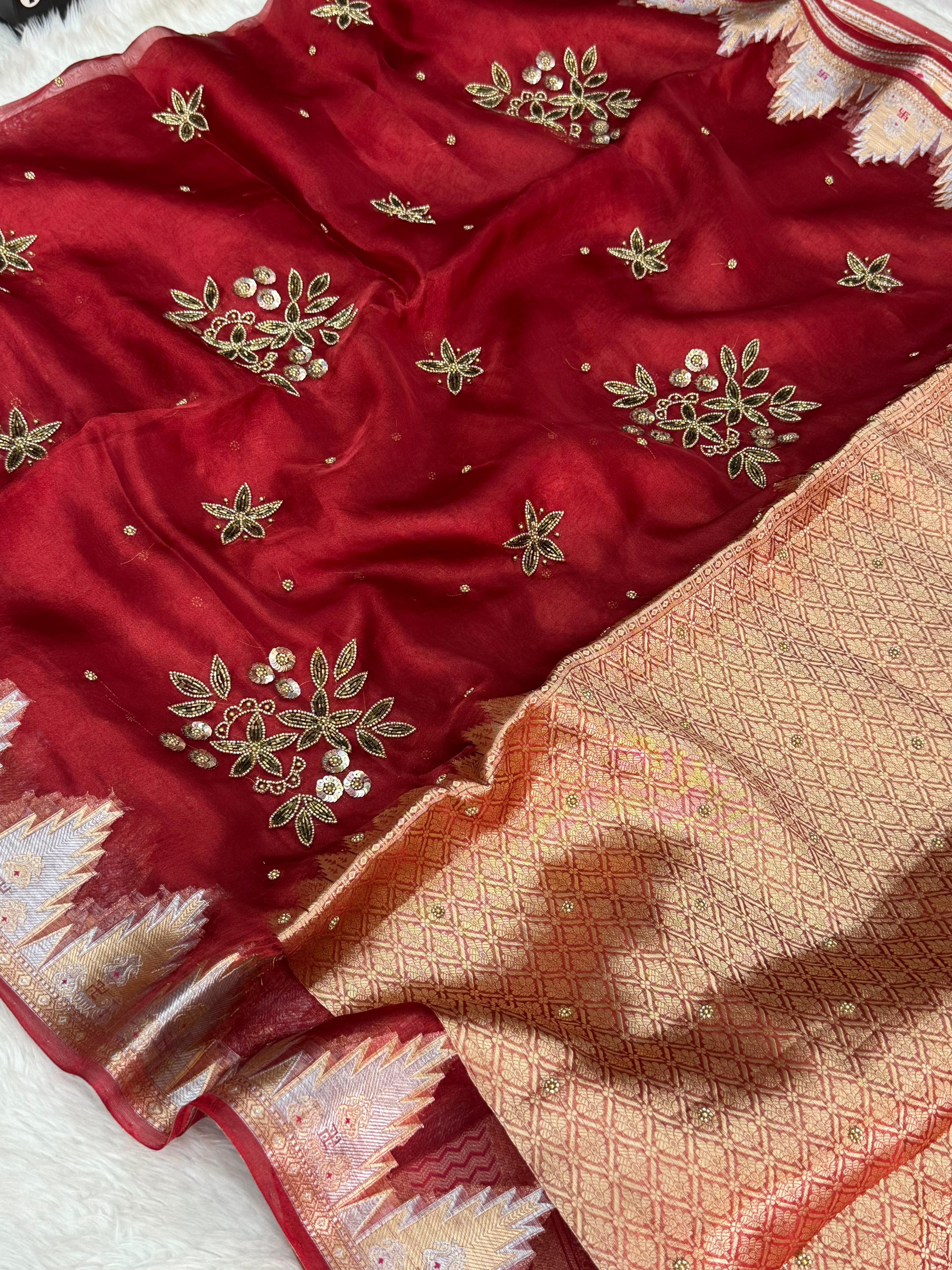 Pure Tissue Silk Banarasi Saree with Floral Handwork Boota