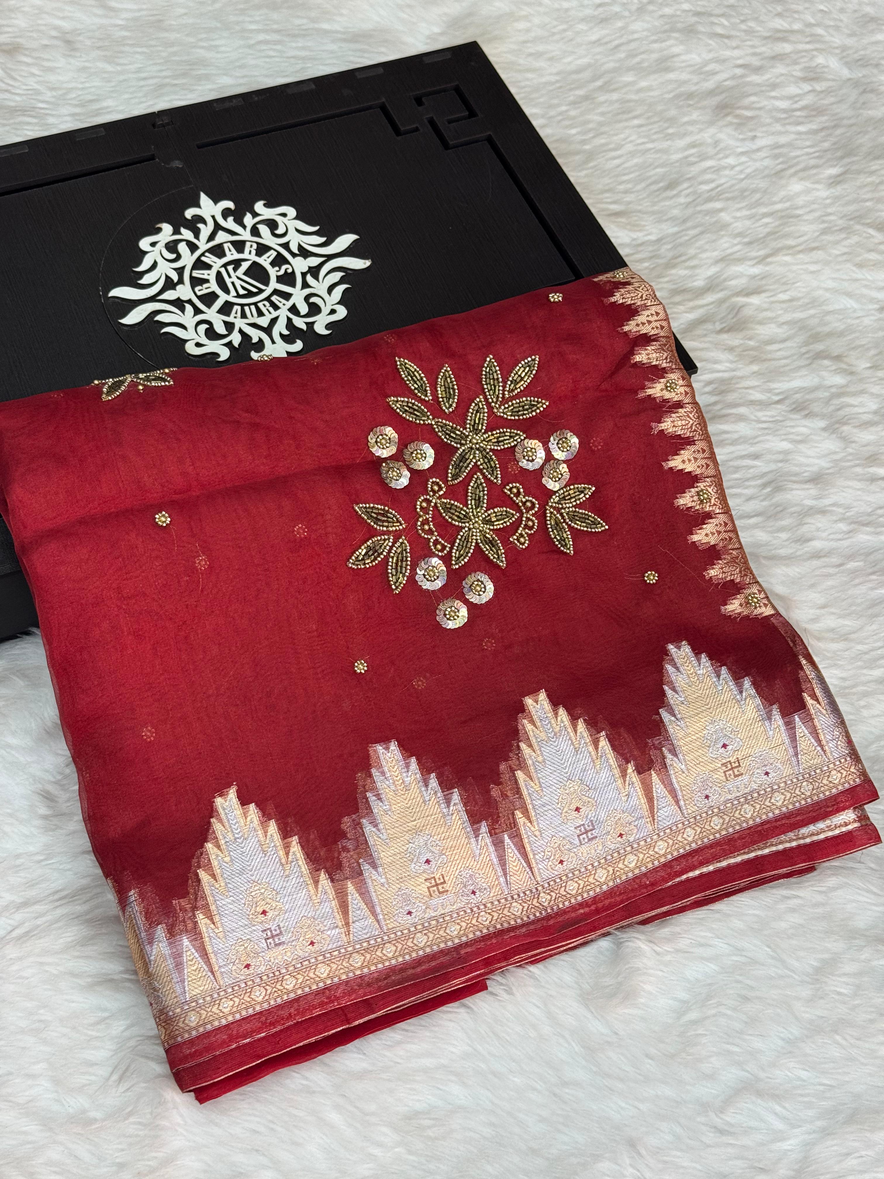 Pure Tissue Silk Banarasi Saree with Floral Handwork Boota