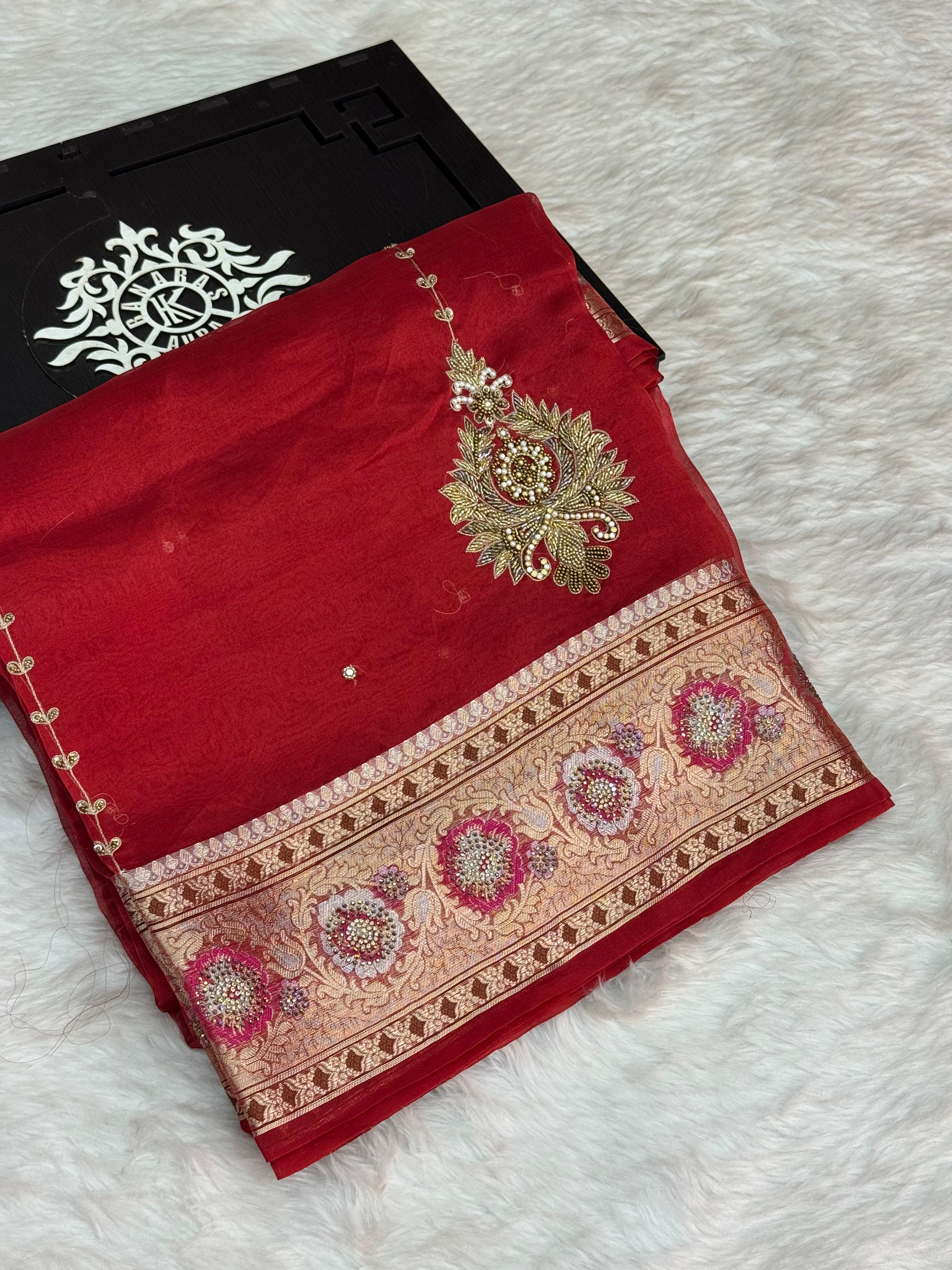Pure Tissue Silk Banarasi Saree with Floral Handwork Boota & Meenakari Border