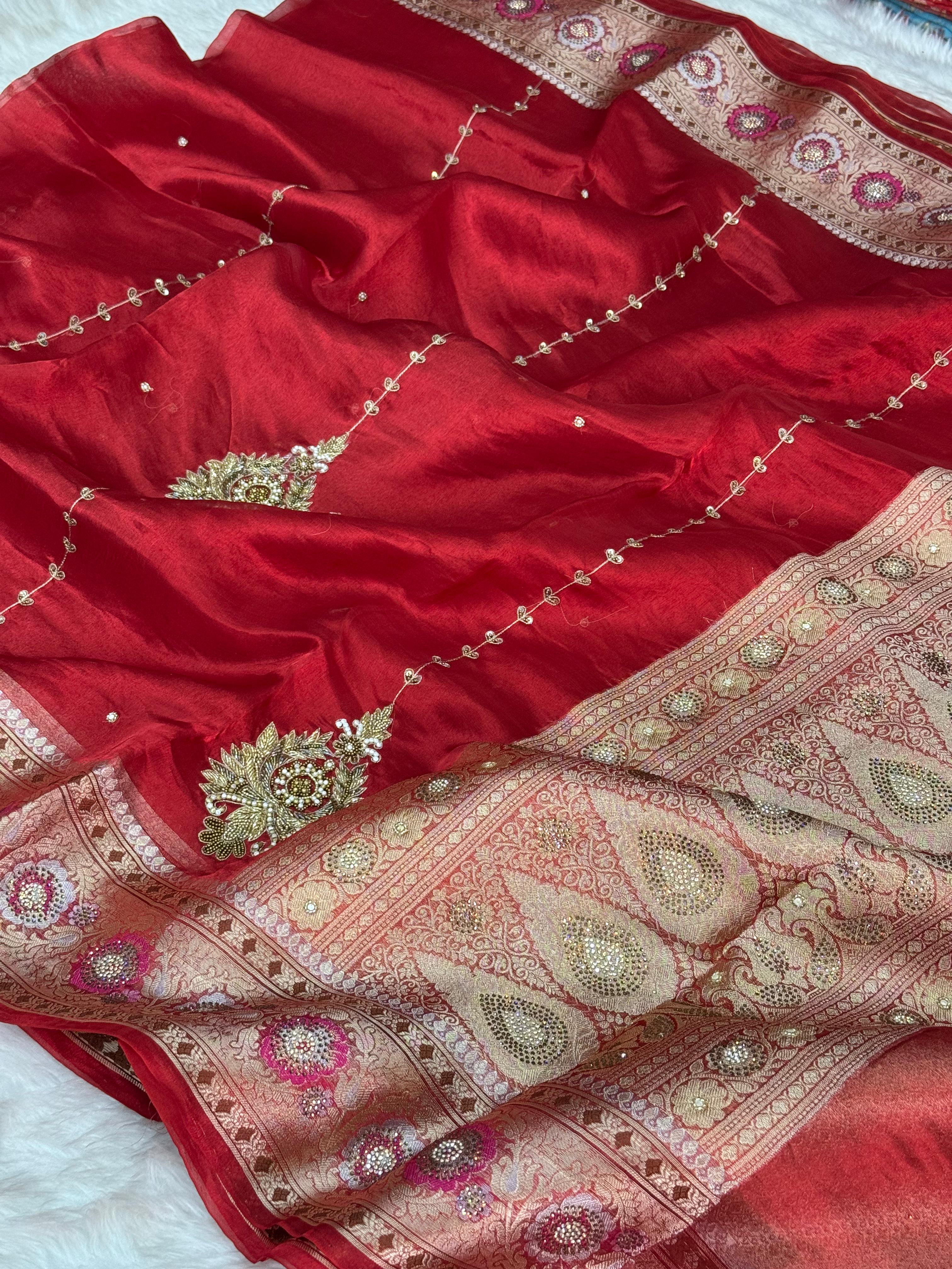 Pure Tissue Silk Banarasi Saree with Floral Handwork Boota & Meenakari Border