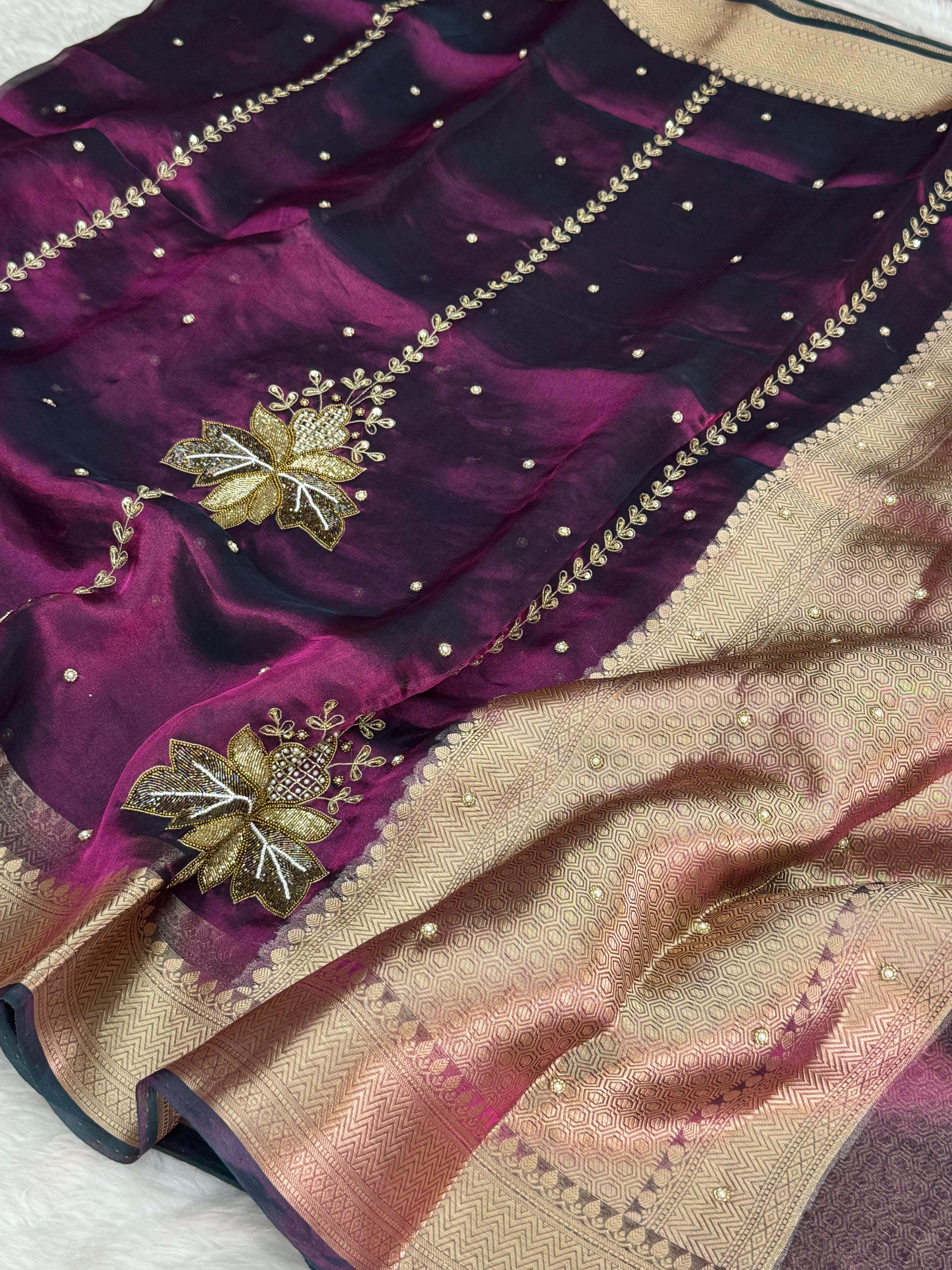 Pure Tissue Silk Dual Tone Banarasi Saree with Leaf Handwork Boota