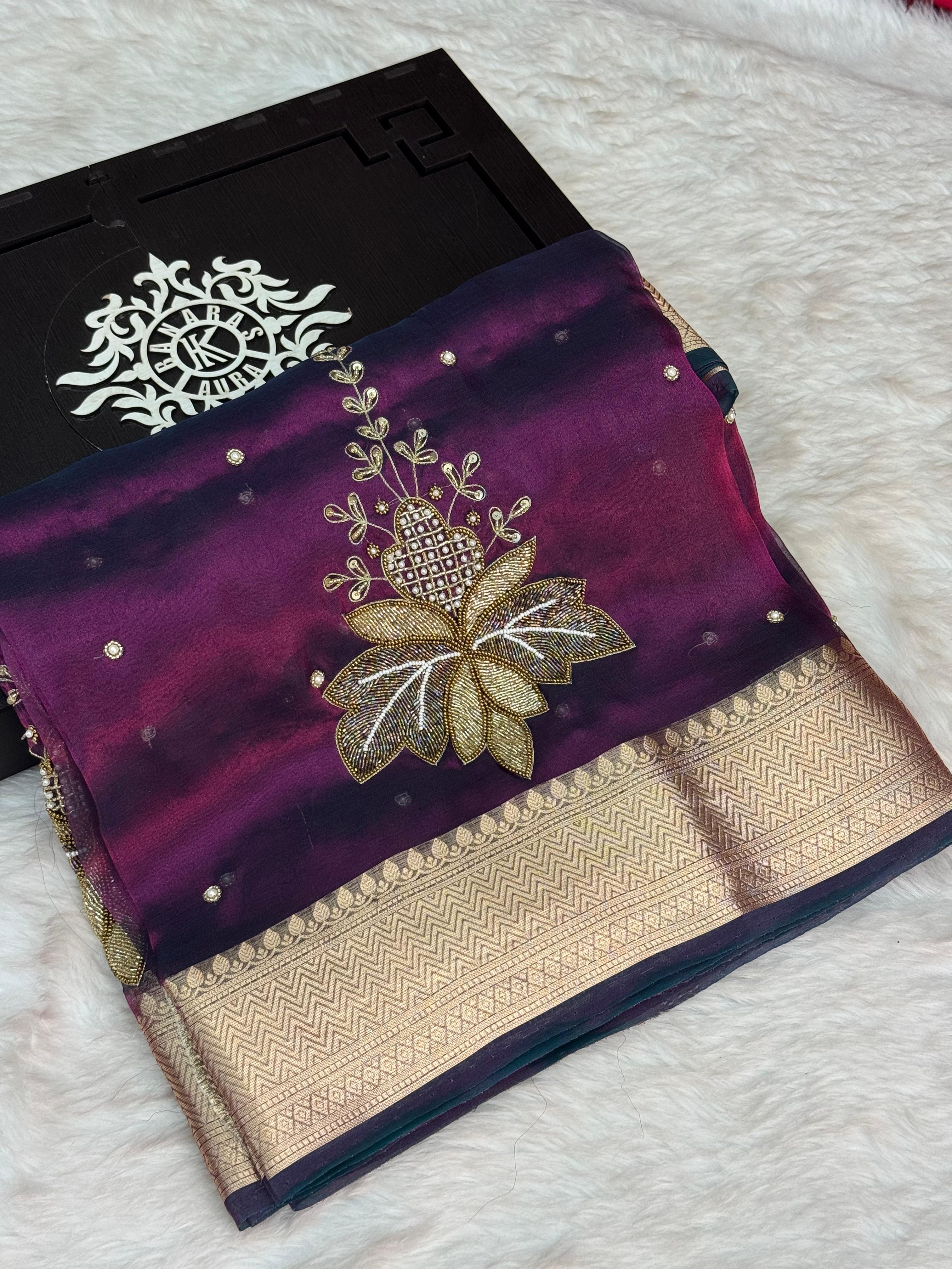 Pure Tissue Silk Dual Tone Banarasi Saree with Leaf Handwork Boota