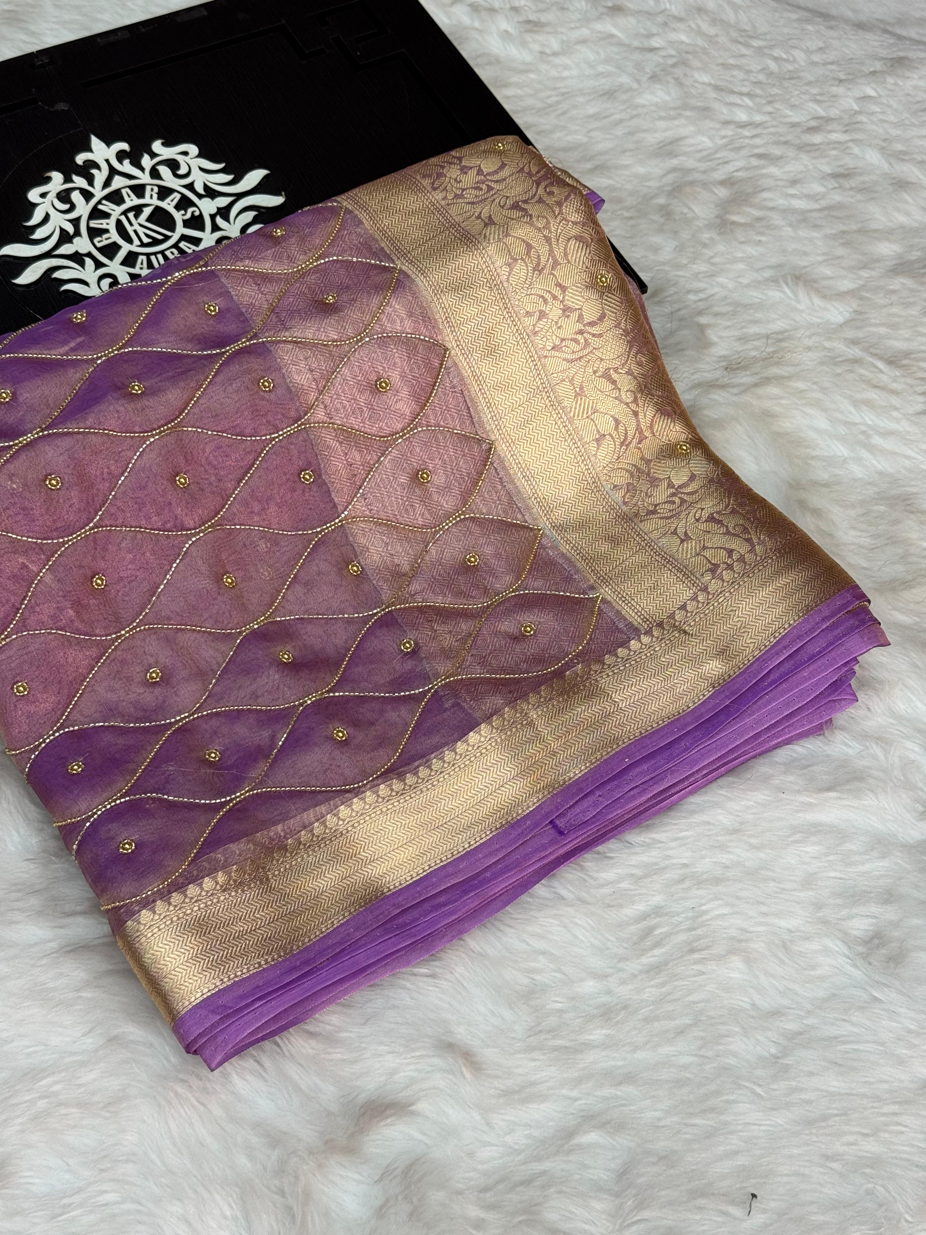 Pure Tissue Silk Banarasi Saree with Wave Handwork & Zari Border