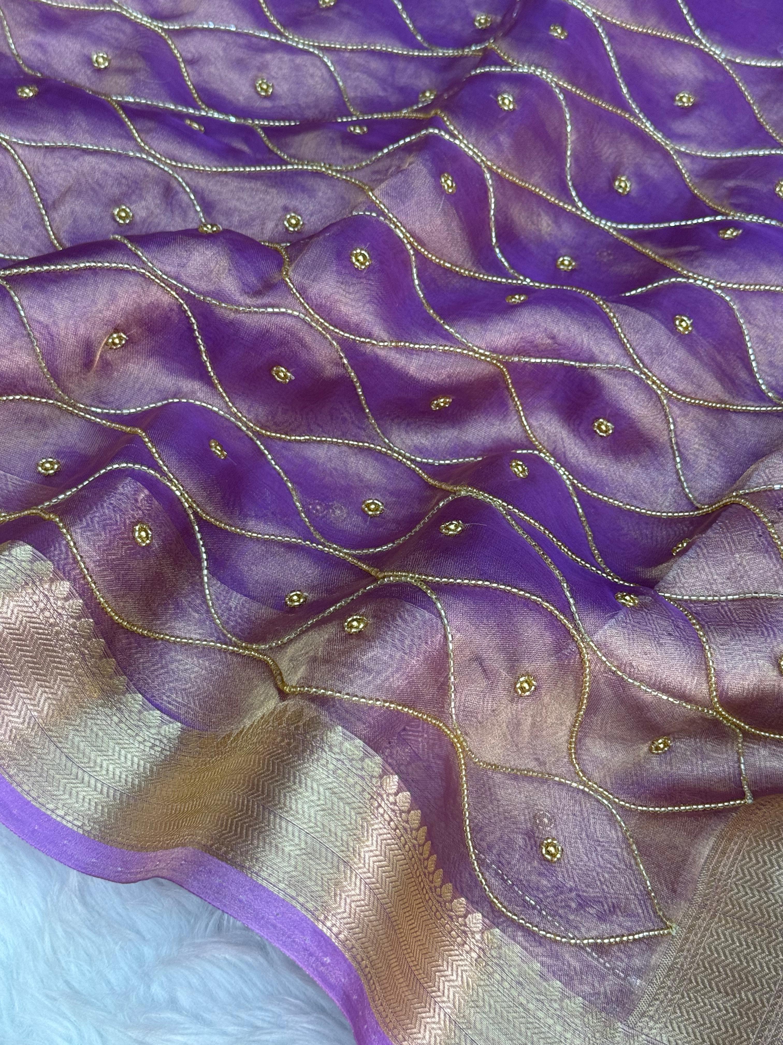 Pure Tissue Silk Banarasi Saree with Wave Handwork & Zari Border