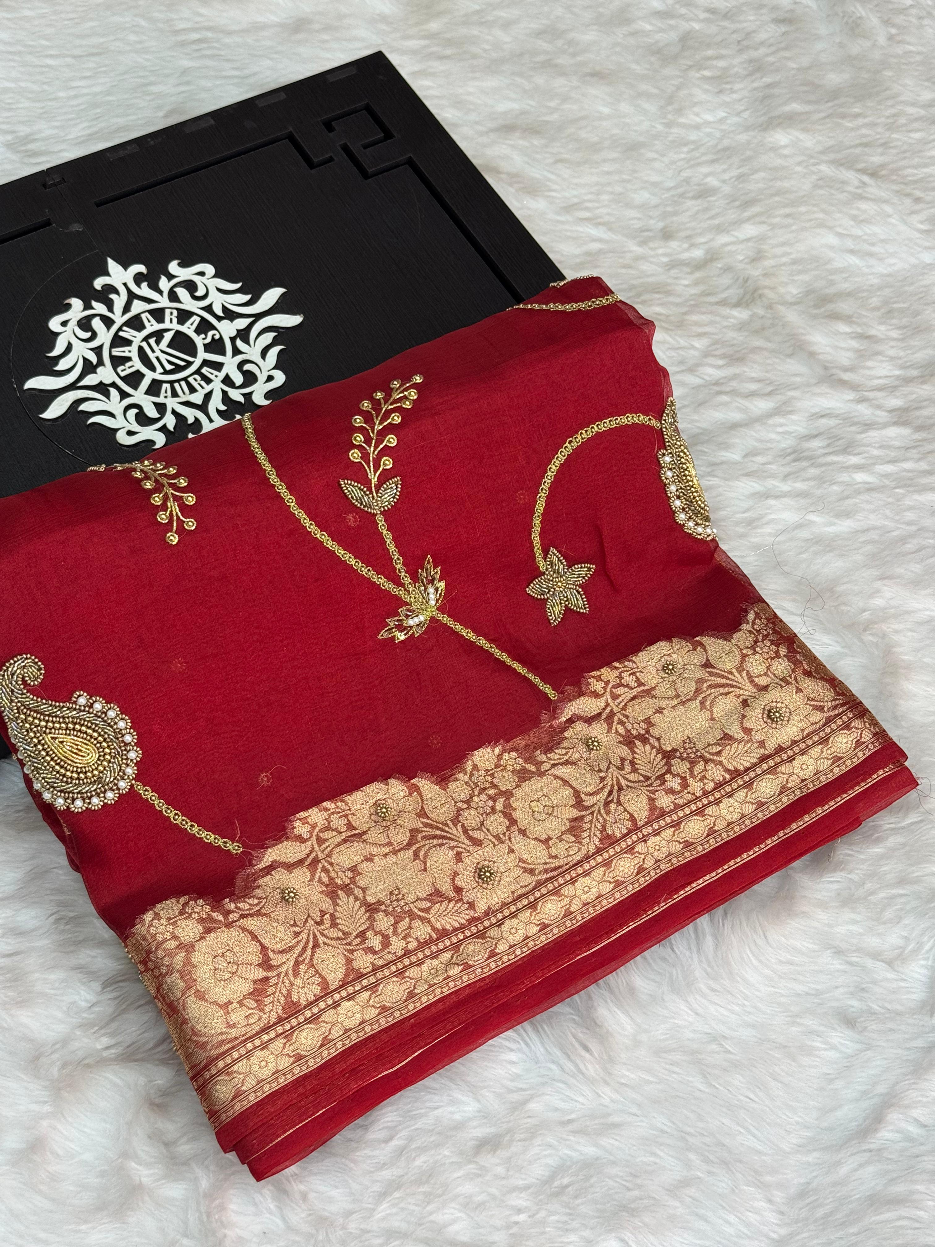 Pure Tissue Silk Banarasi Saree with Paisley Jaal Handwork