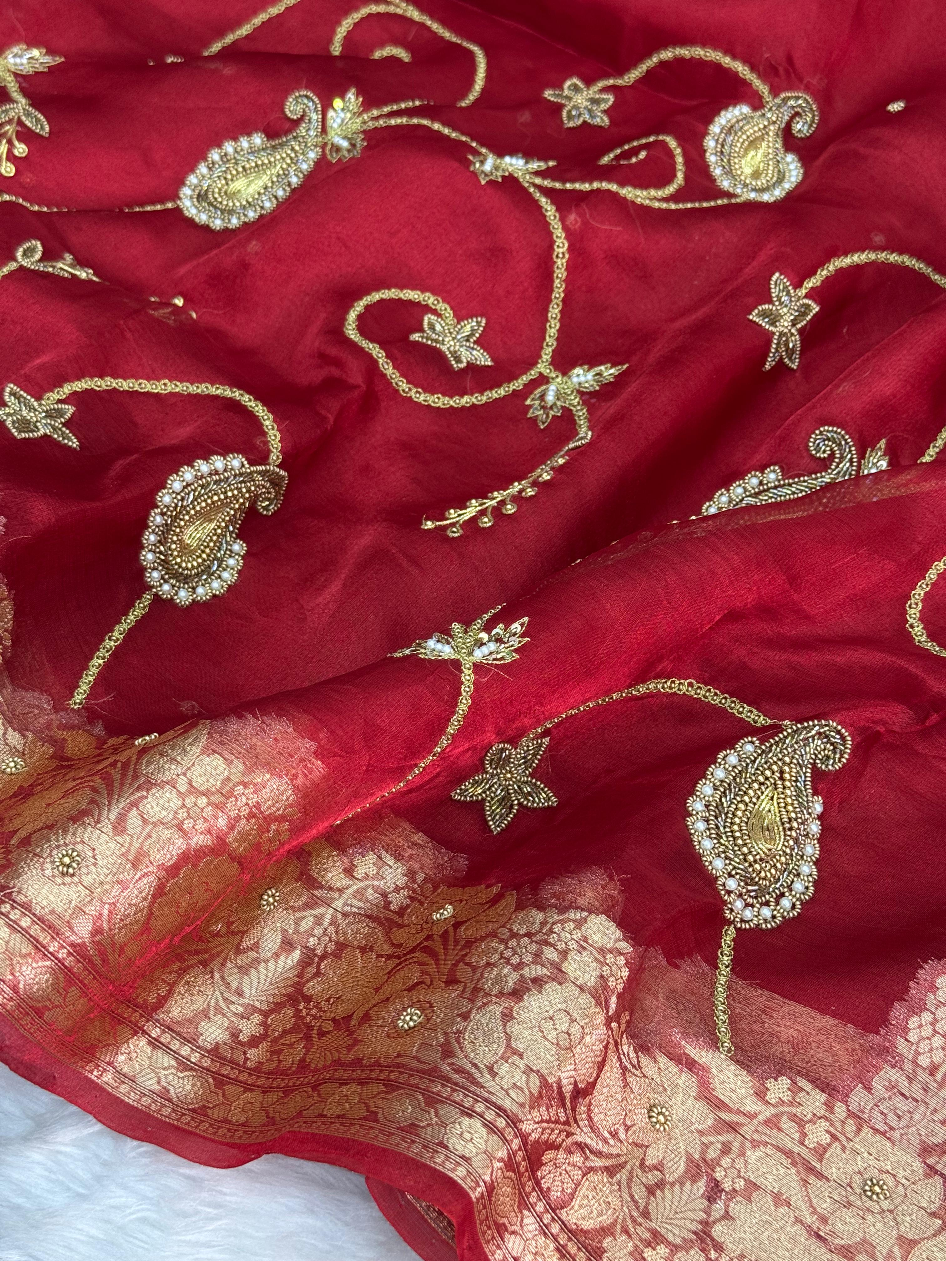 Pure Tissue Silk Banarasi Saree with Paisley Jaal Handwork