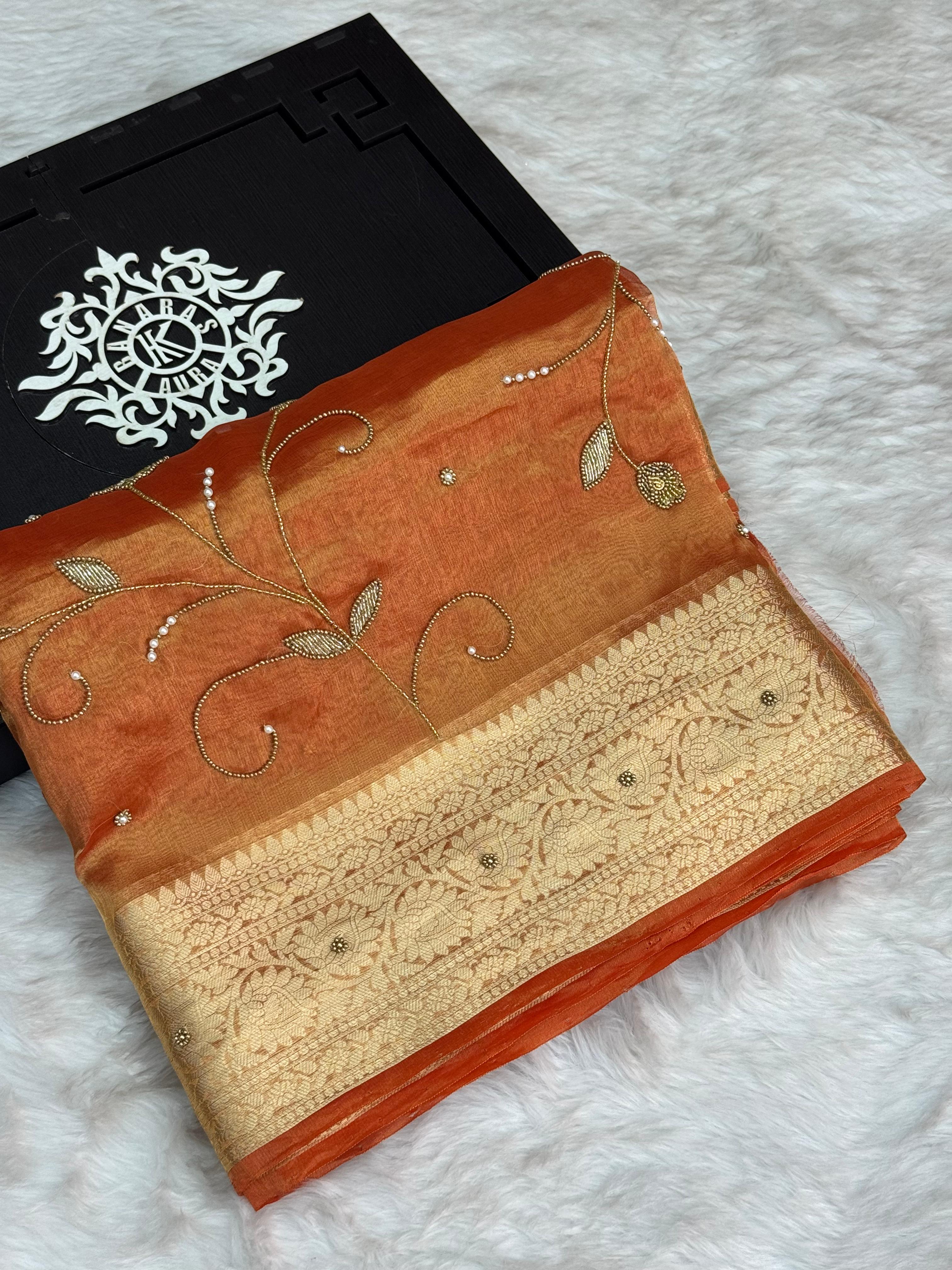 Pure Tissue Silk Banarasi Saree with Floral Vine Handwork