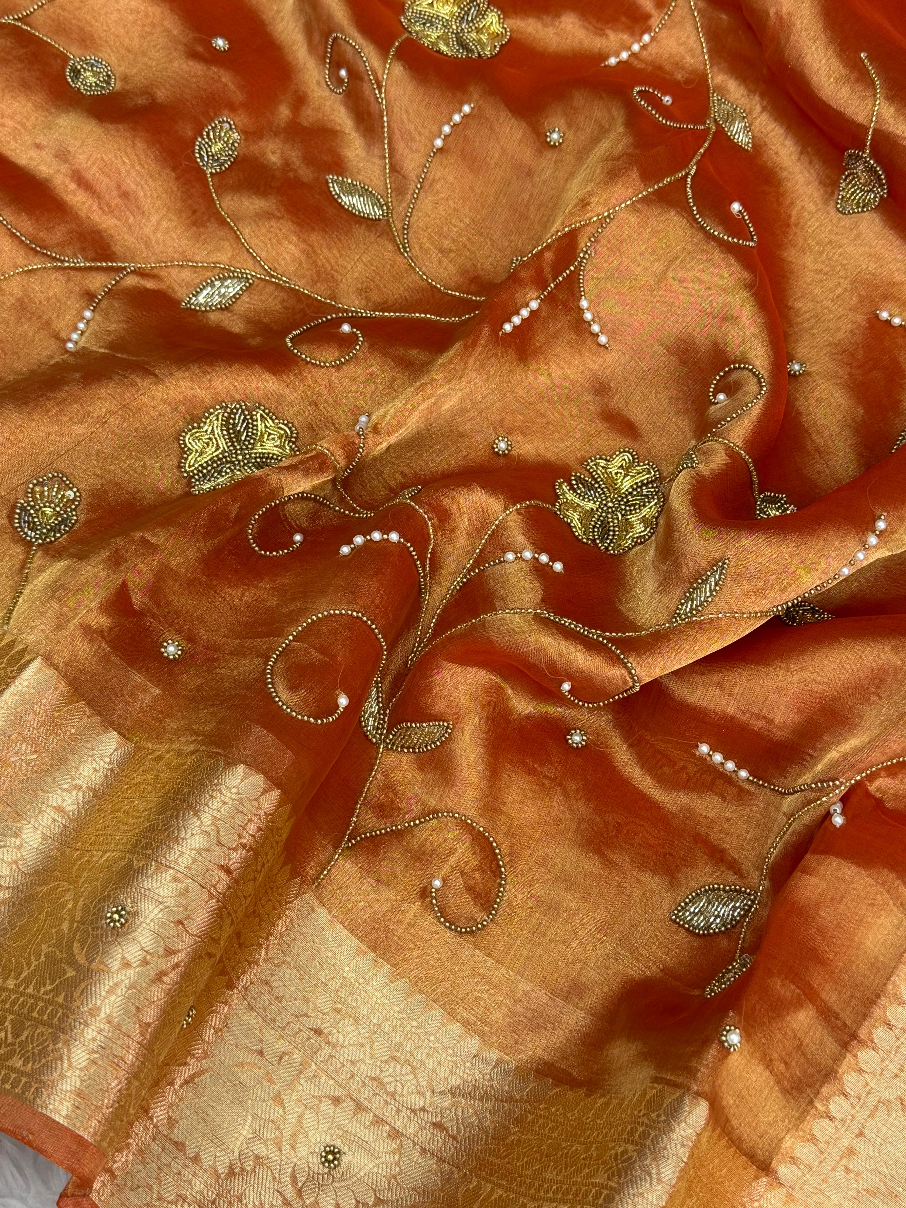 Pure Tissue Silk Banarasi Saree with Floral Vine Handwork
