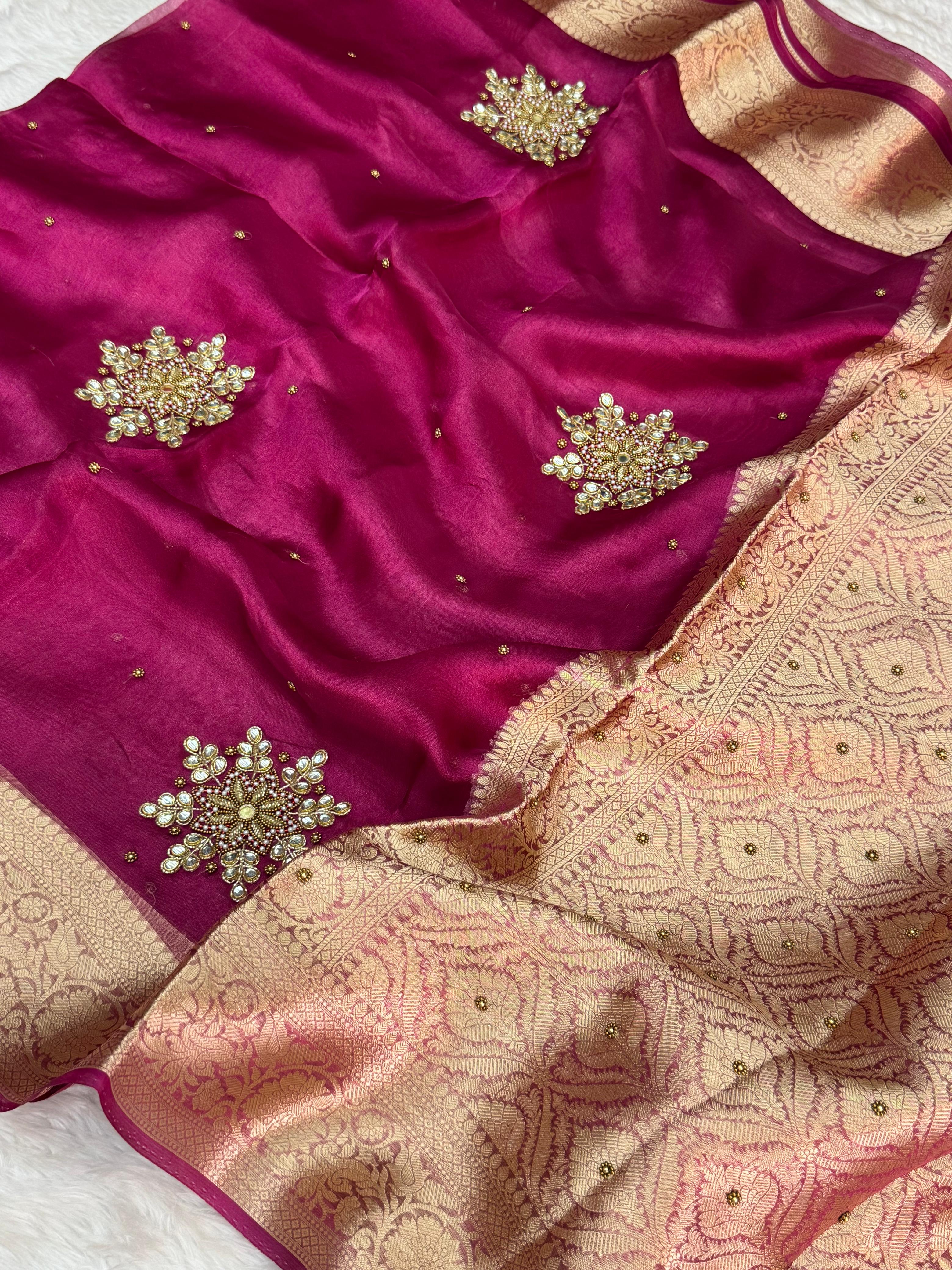 Pure Tissue Silk Banarasi Saree with Floral Handwork