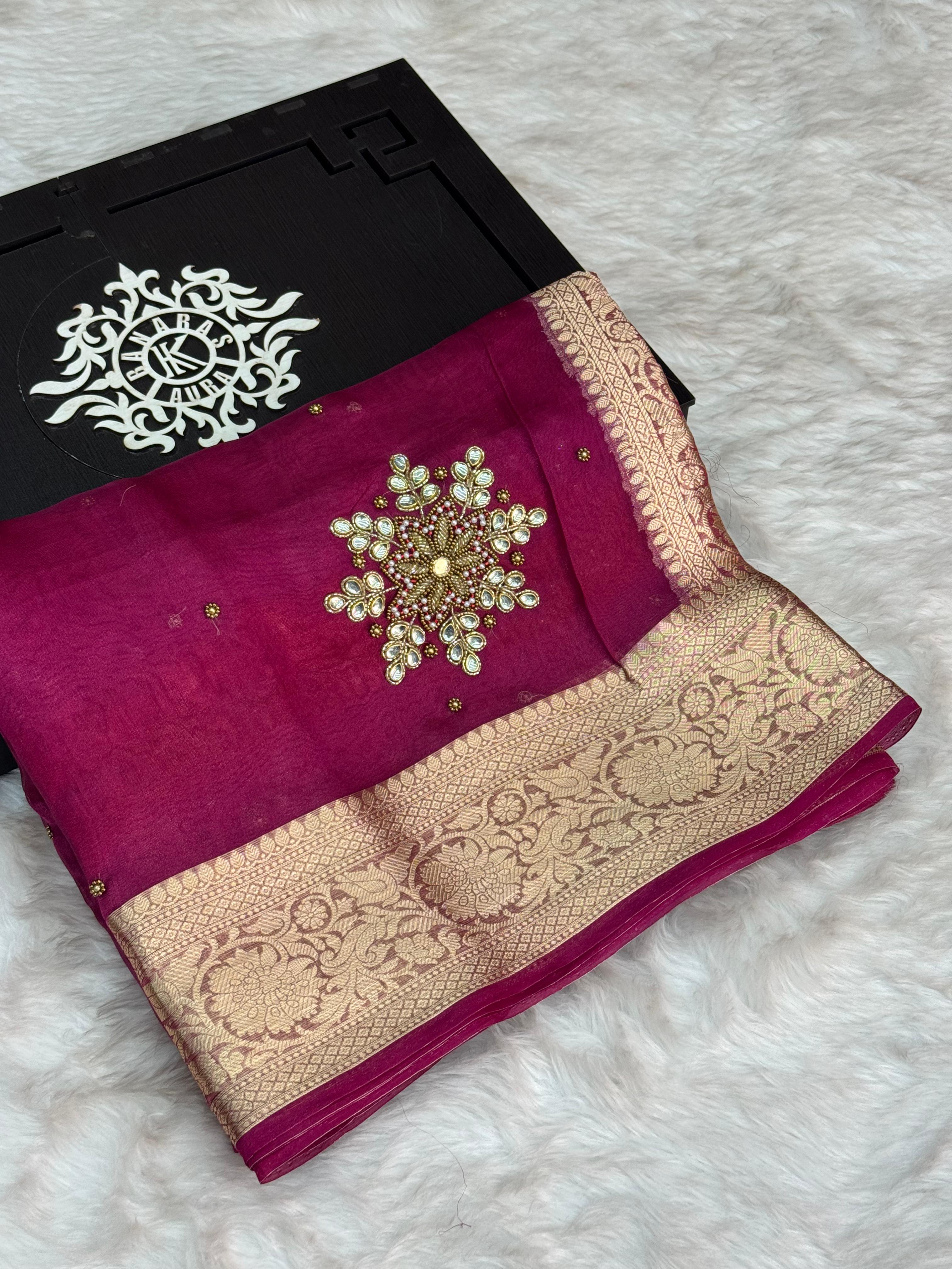 Pure Tissue Silk Banarasi Saree with Floral Handwork