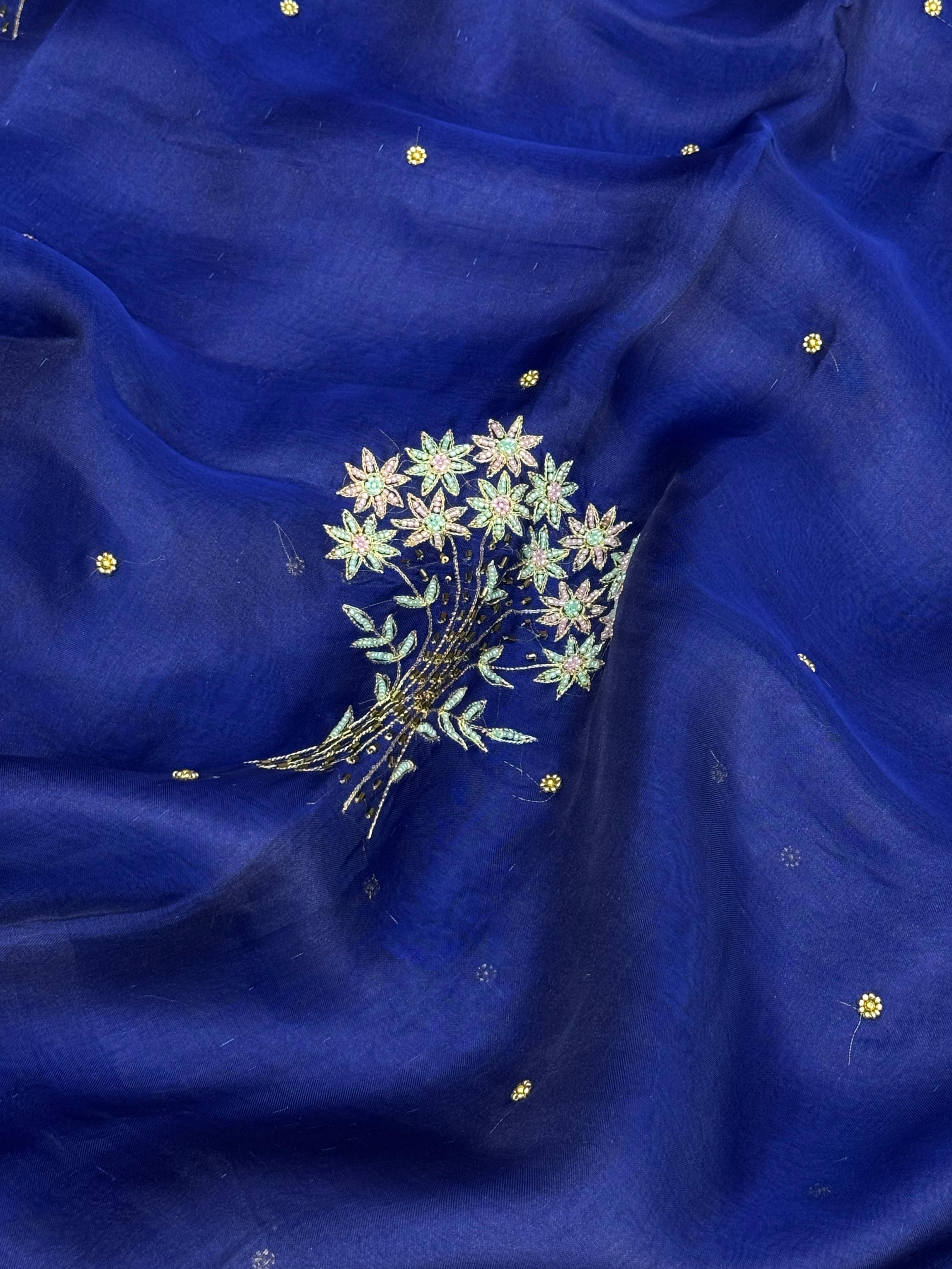 Pure Tissue Silk Banarasi Saree with Floral Bouquet Handwork