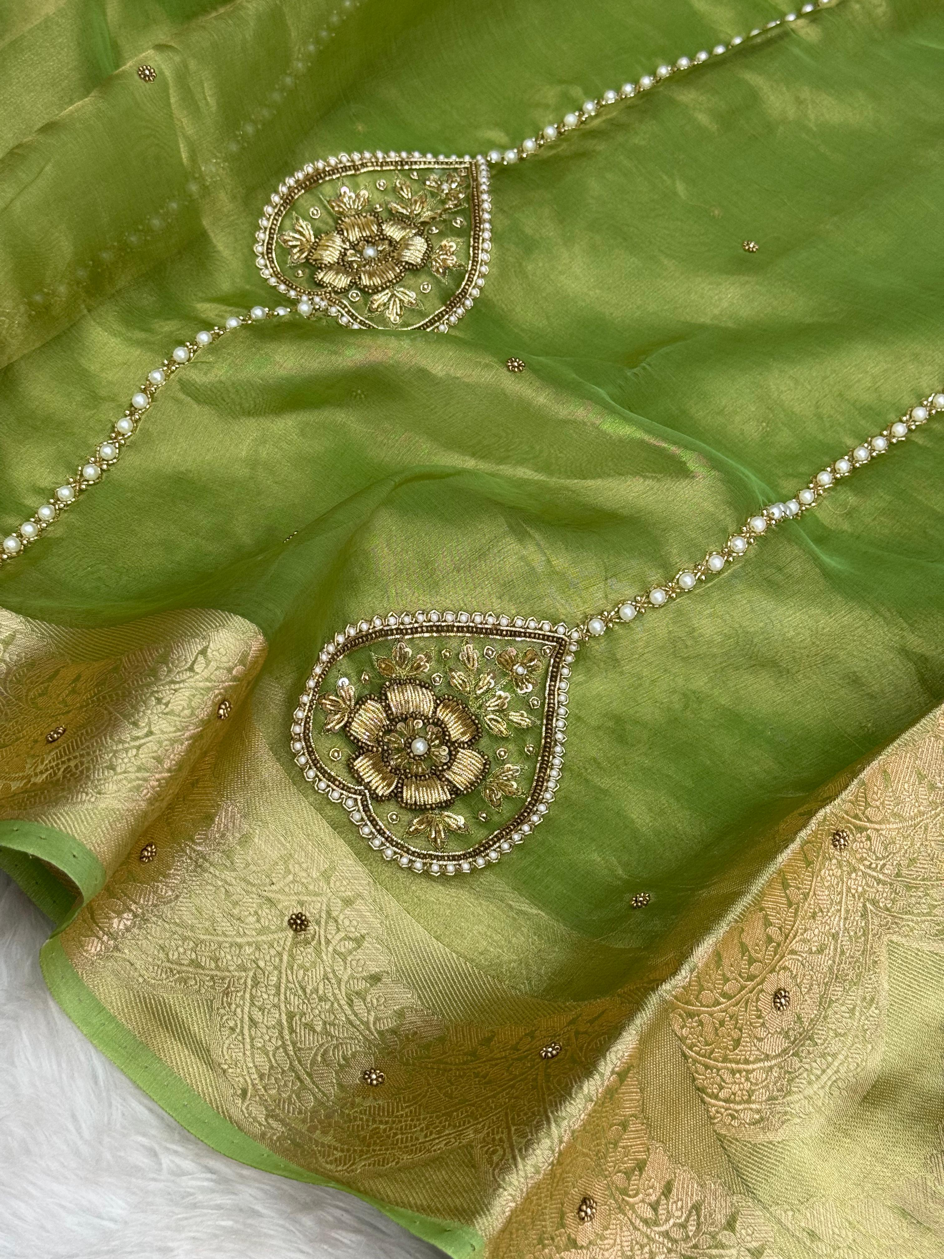 Pure Tissue Silk Banarasi Saree with Pearl Teardrop Handwork