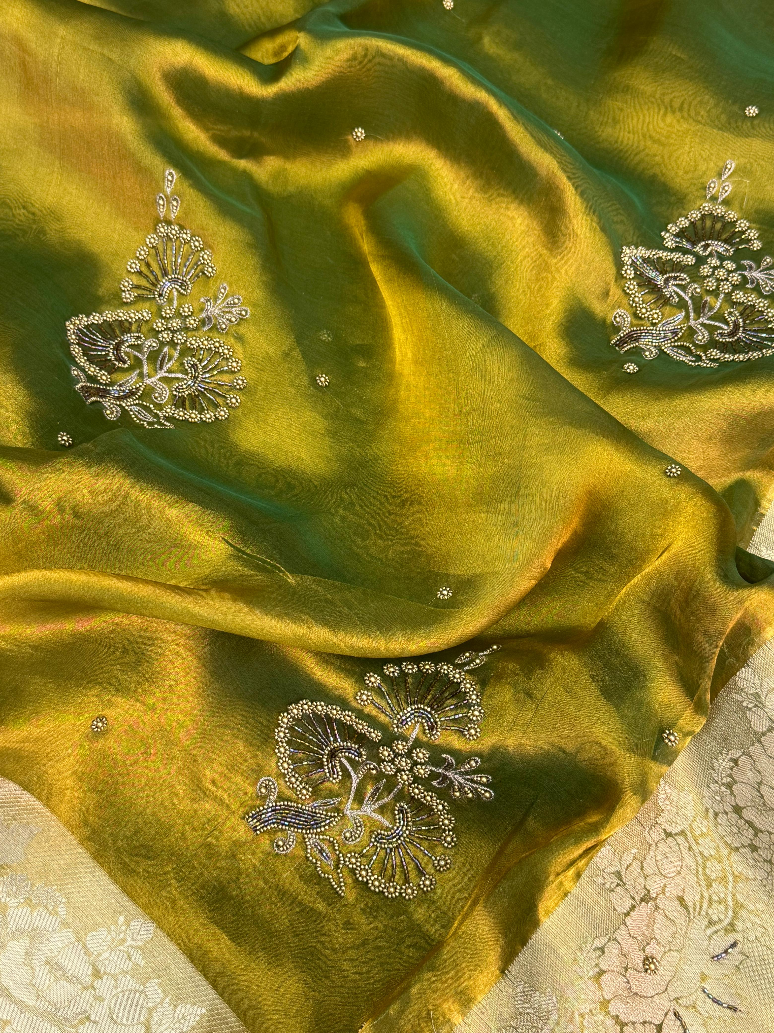 Pure Tissue Silk Dual Tone Banarasi Saree with Floral Boota Handwork