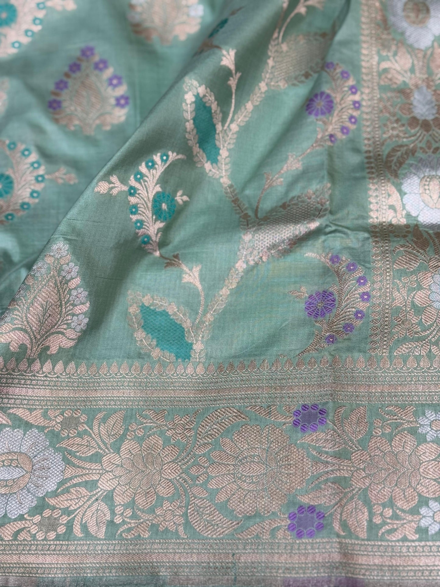 Pure Katan Silk Brocade Meenakari Saree Mint Green (Brocade Meenakshi)