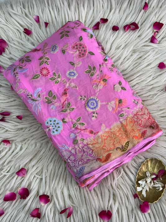 Pure Khaddi Chiffon Saree in Rose Pink Wth Multicolor Tilfi Meenakari (GulPankh)