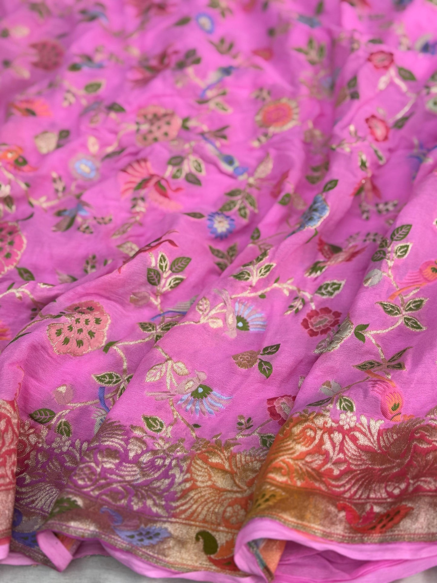 Pure Khaddi Chiffon Saree in Rose Pink Wth Multicolor Tilfi Meenakari (GulPankh)
